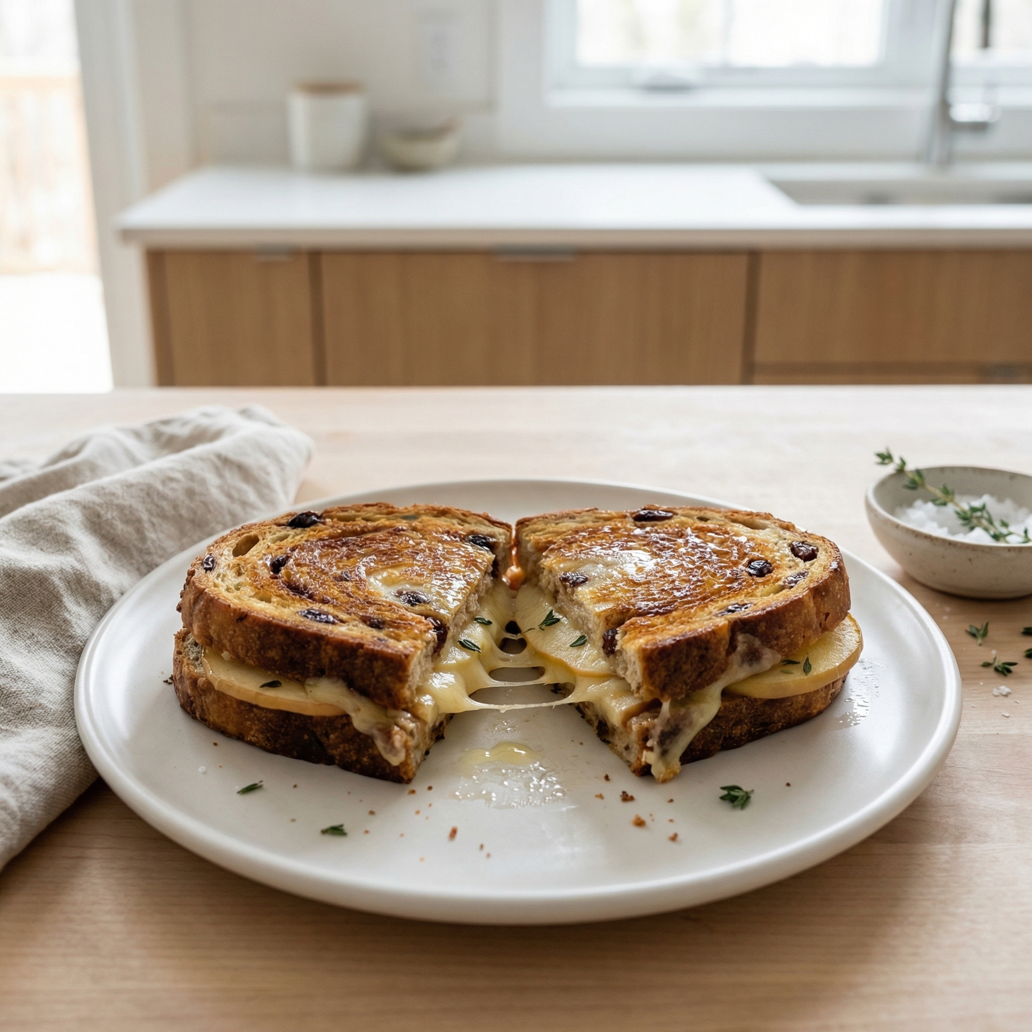 Apple and Thyme Gruyère Grilled Cheese on Cinnamon-Raisin Bread