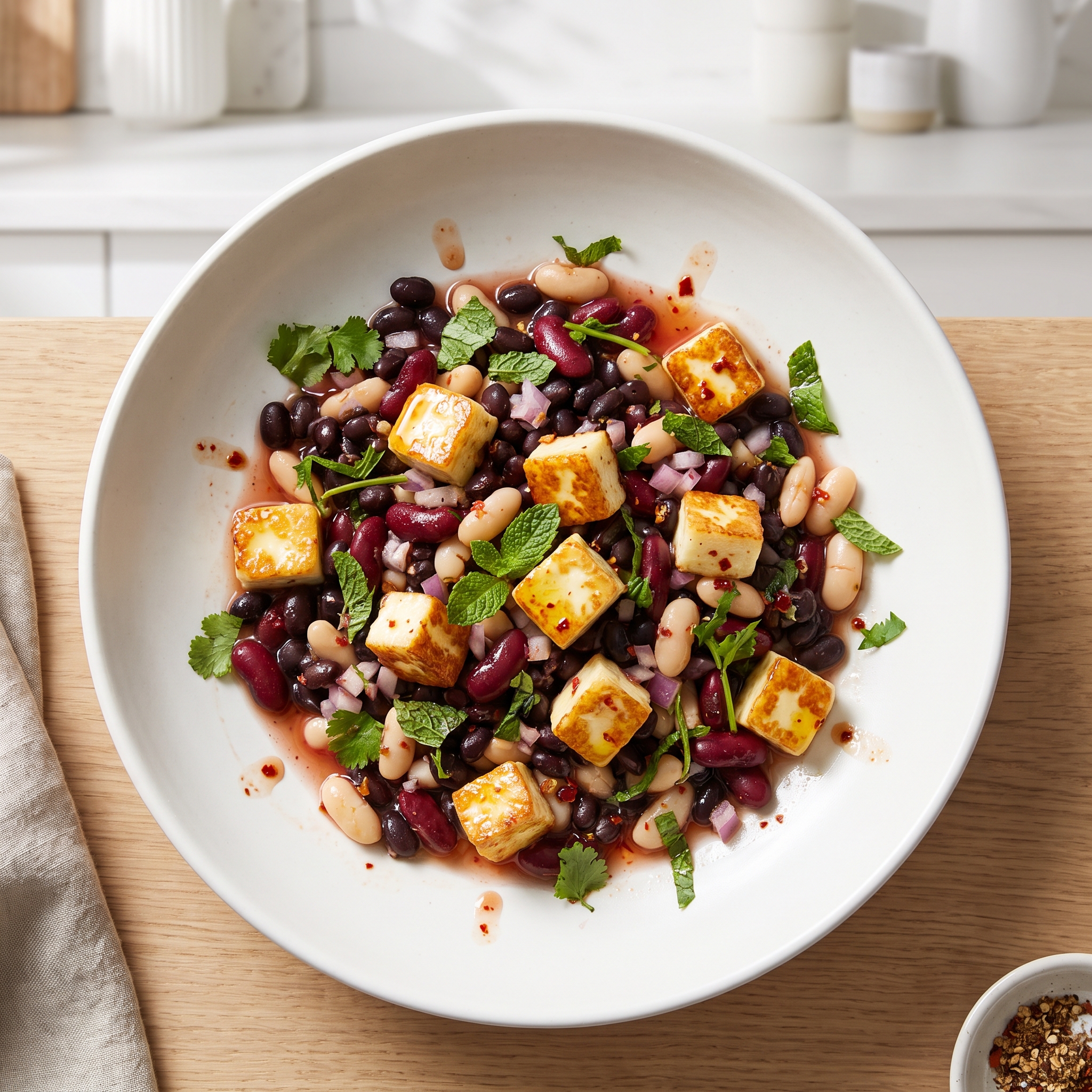 Halloumi and Three-Bean Salad with Pomegranate-Harissa Dressing