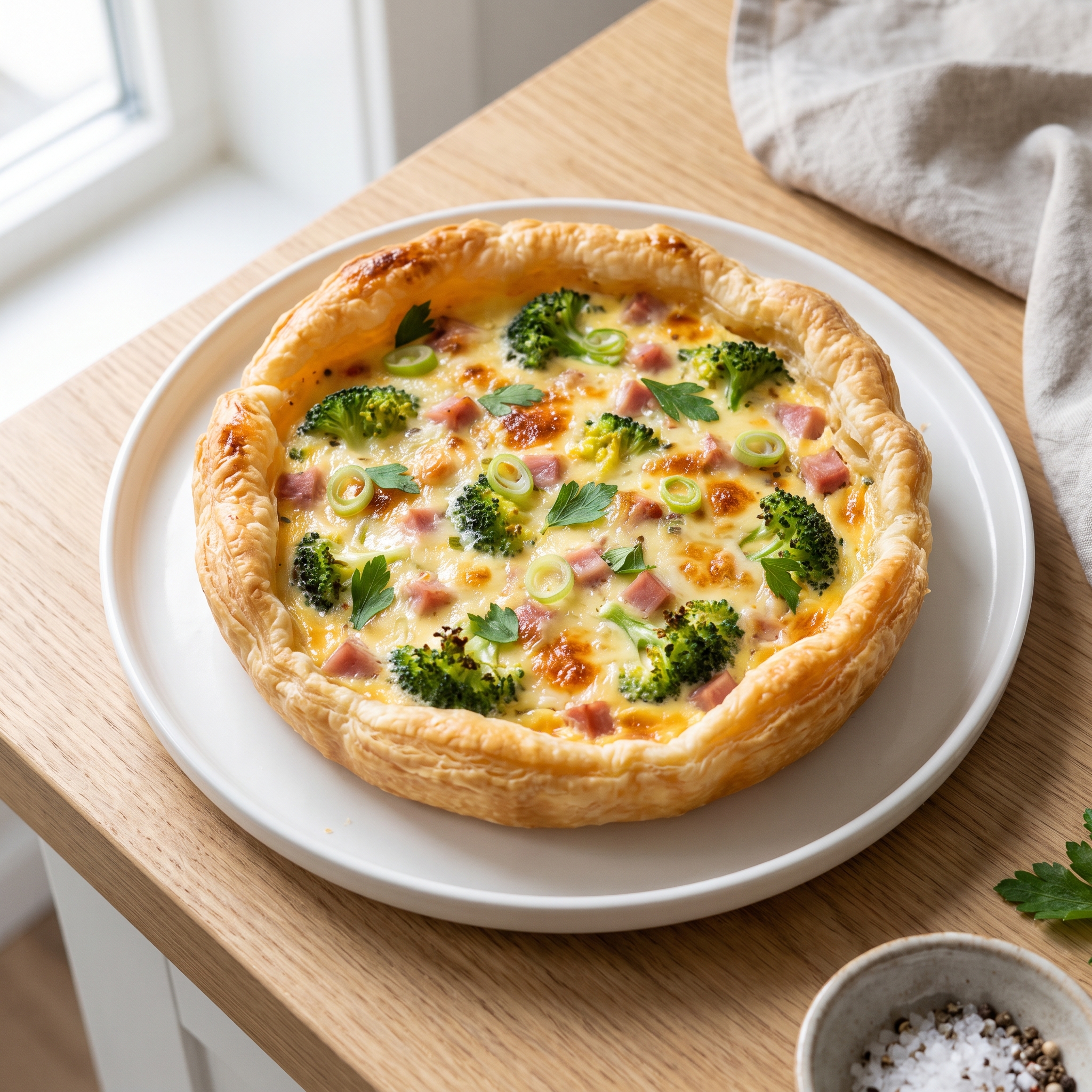 Ham and Broccoli Quiche with Puff Pastry Crust