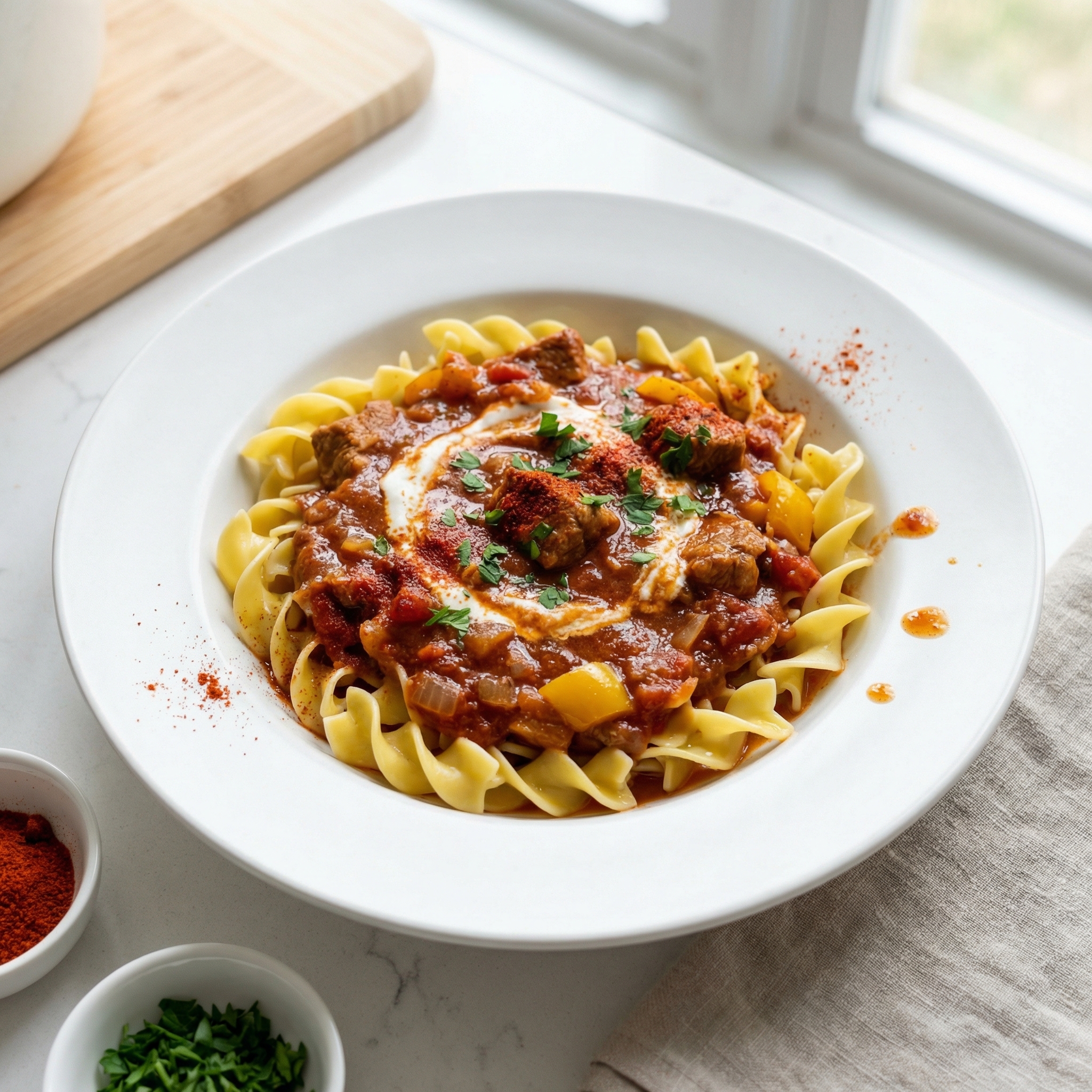 Hungarian Pork Pörkölt Stew with Noodles