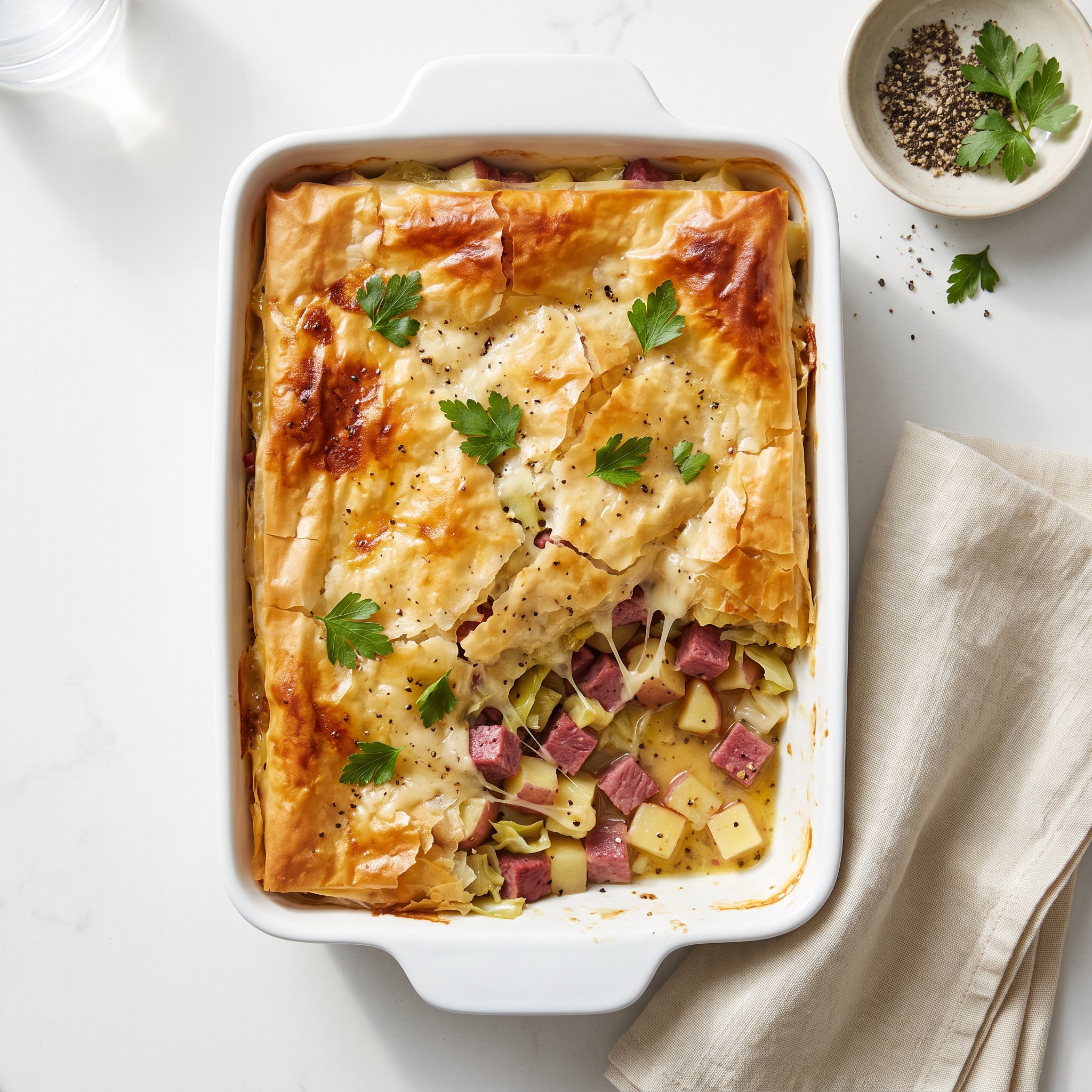 Irish Corned Beef and Cabbage Casserole with Phyllo Crust