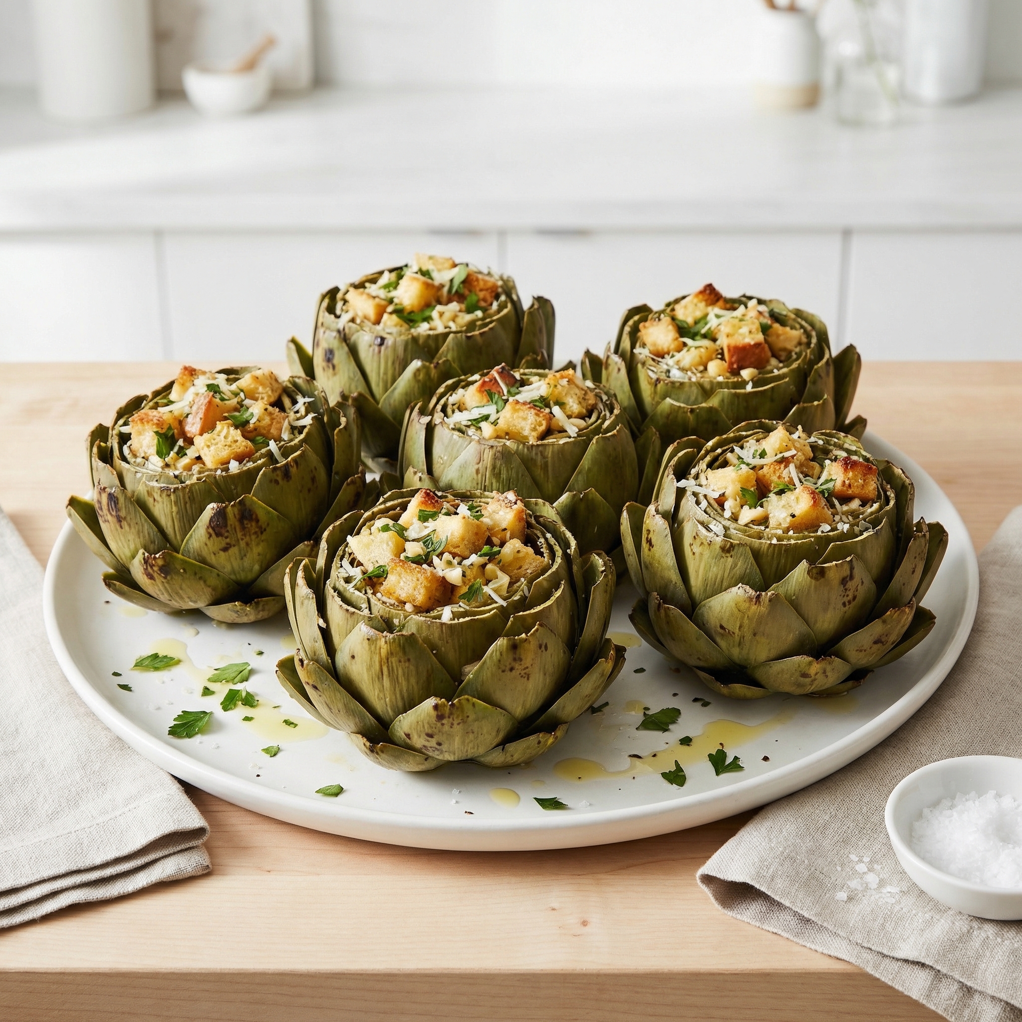 Bread-Stuffed Artichokes with Romano and Herbs