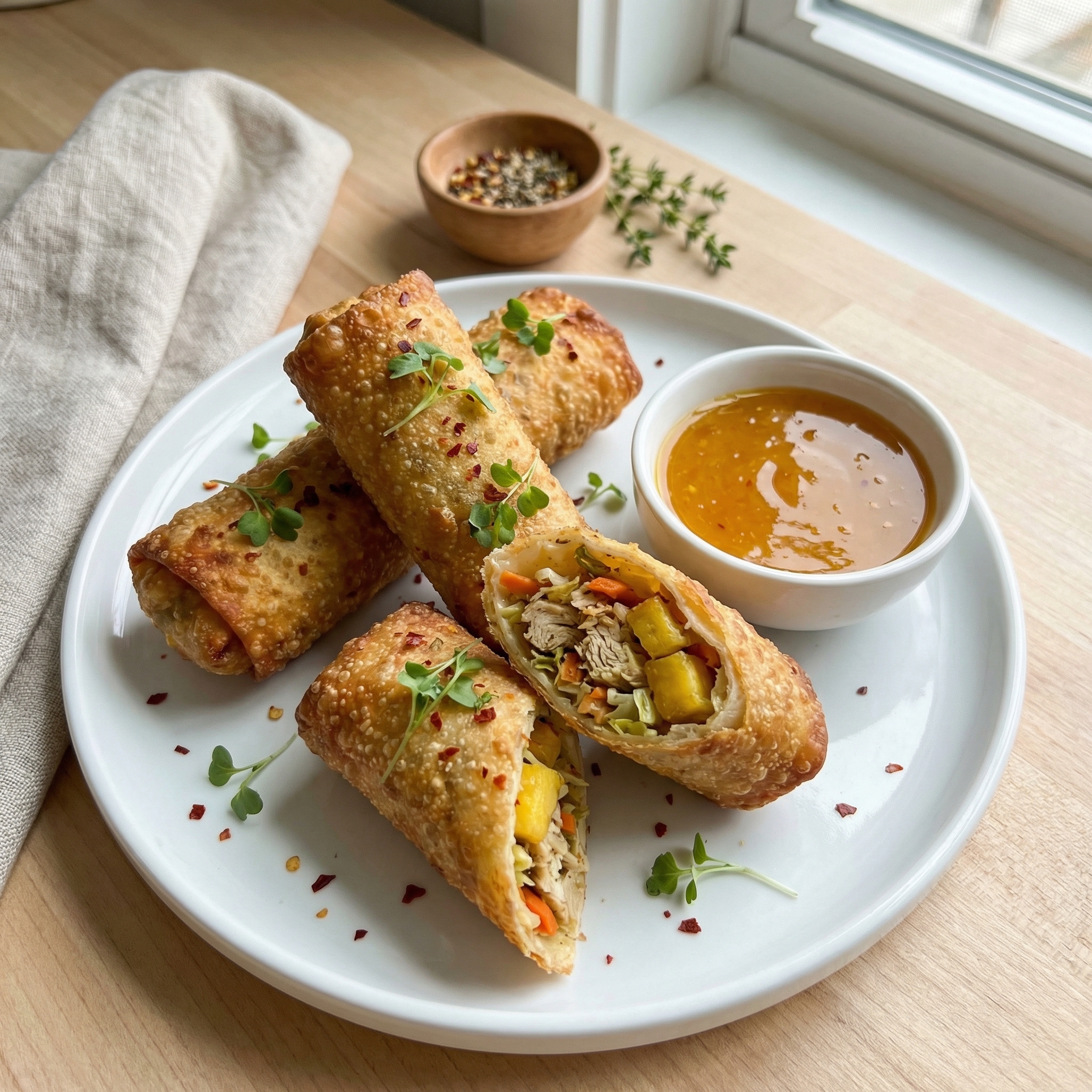 Caribbean-Style Chicken Egg Rolls with Mango Habanero Dip
