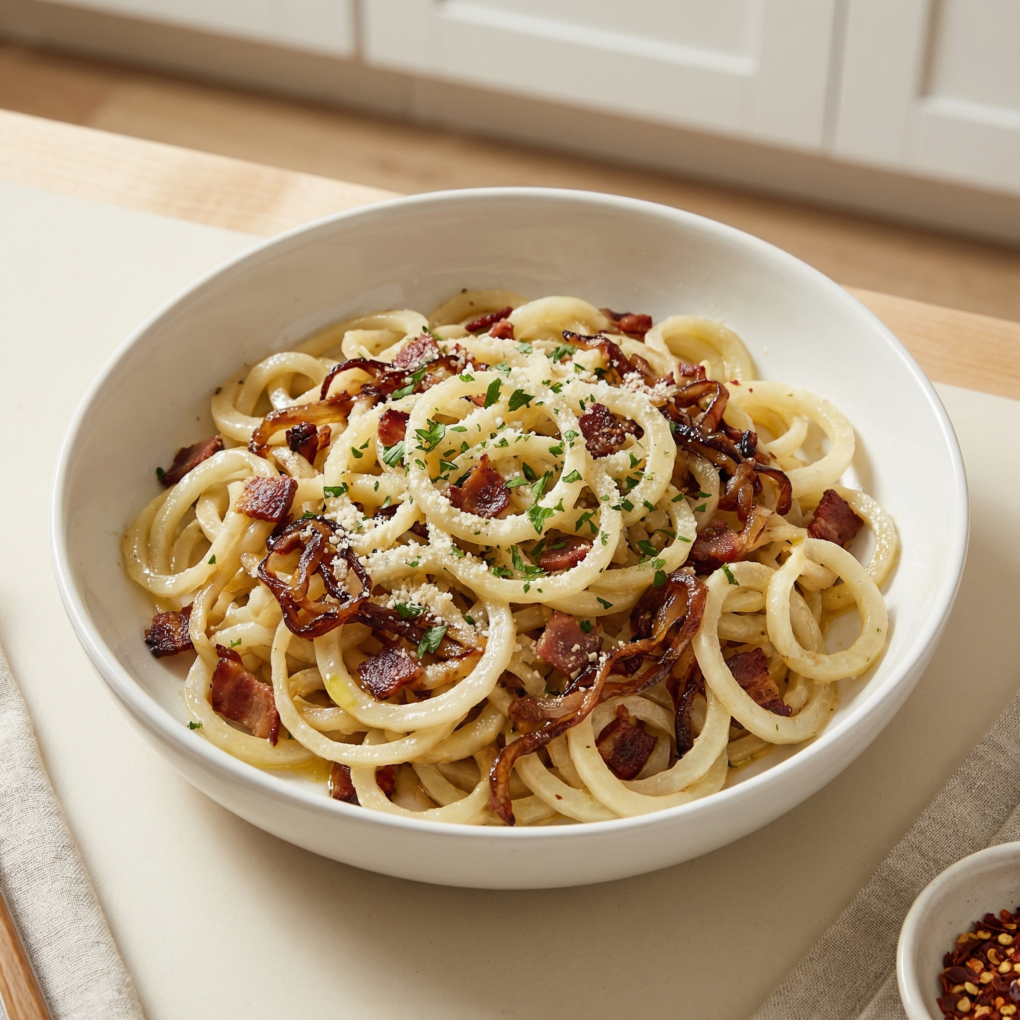 Kohlrabi "Noodles" with Bacon and Parmesan
