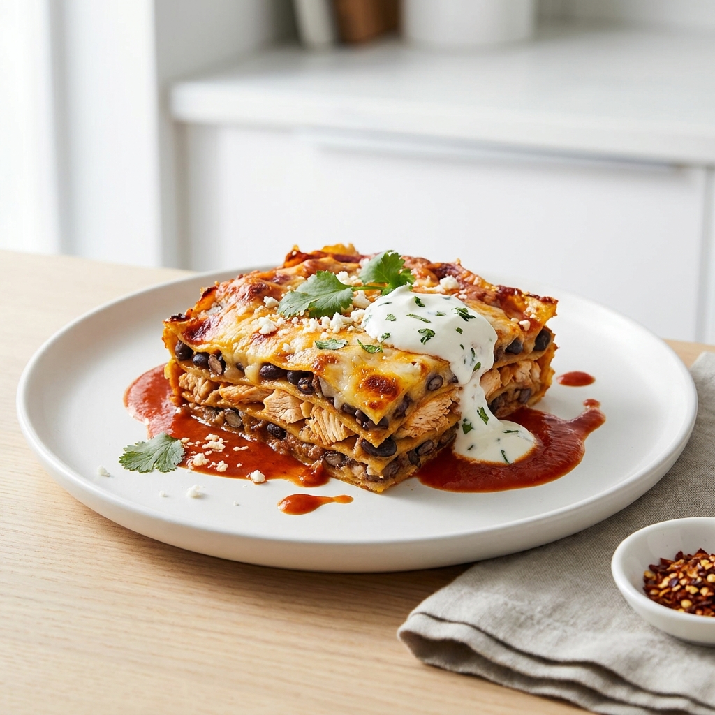 Layered Chicken and Black Bean Enchilada Casserole
