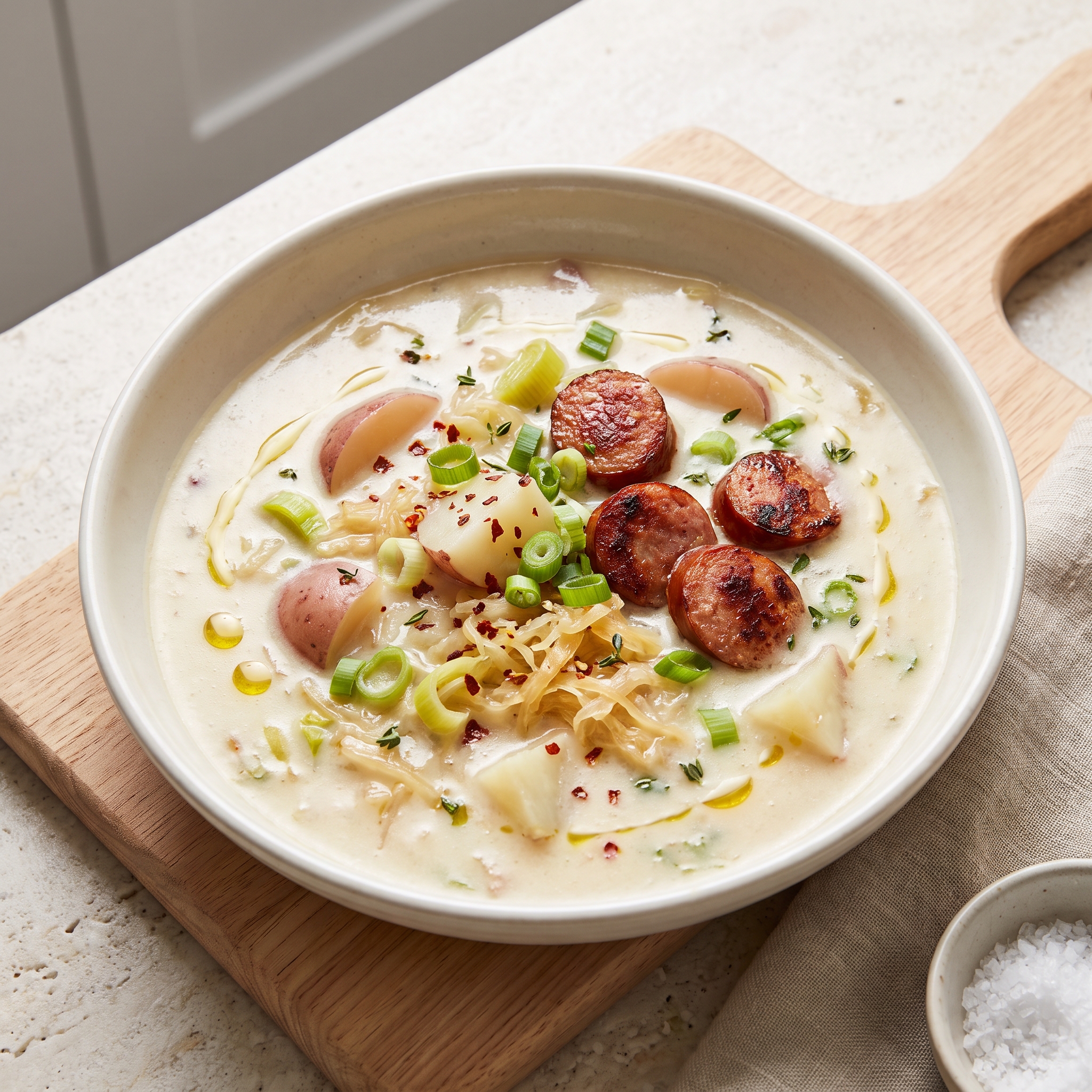 Leek, Potato and Sauerkraut Chowder with Kielbasa