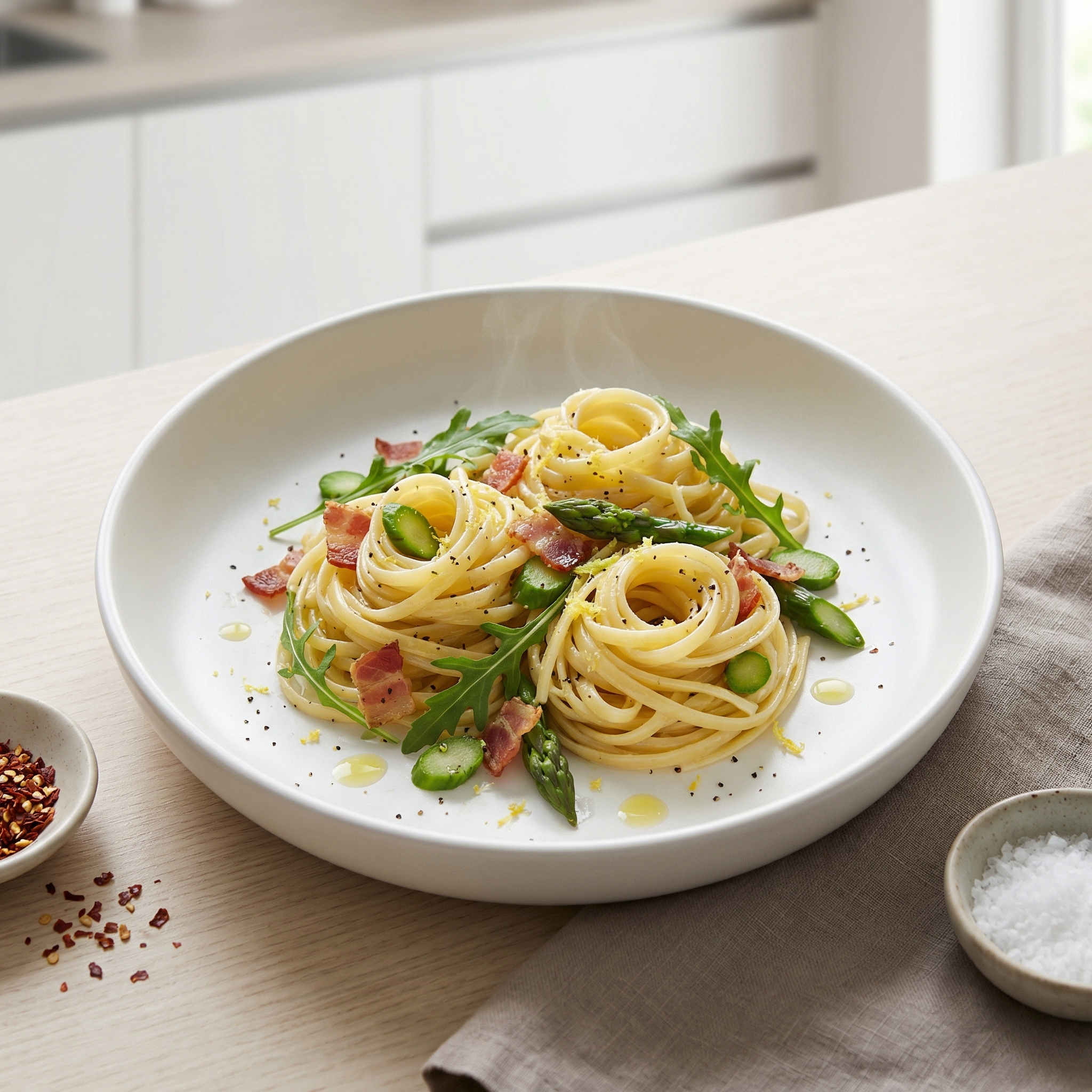 Linguine Tossed with Asparagus, Bacon, and Arugula