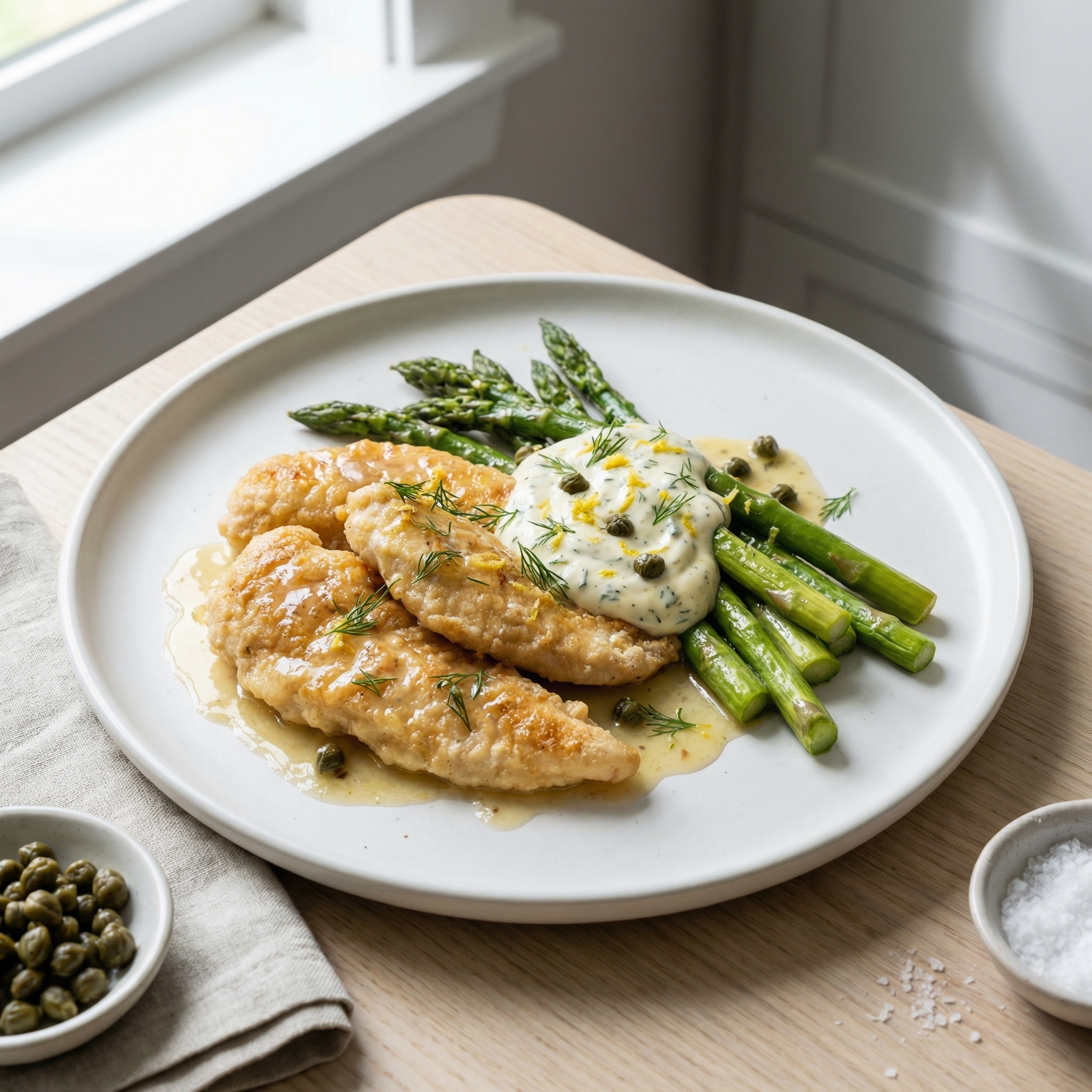 One-Pan Chicken Tenders and Asparagus with Lemon-Caper Cream