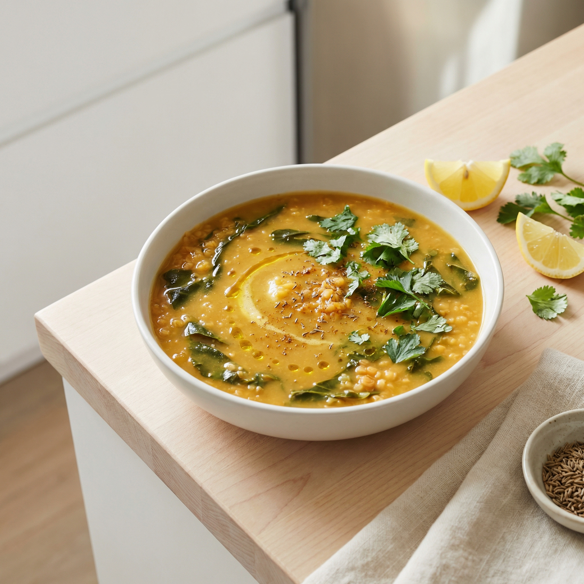 Red Lentil Soup with Collard Greens and Lemon