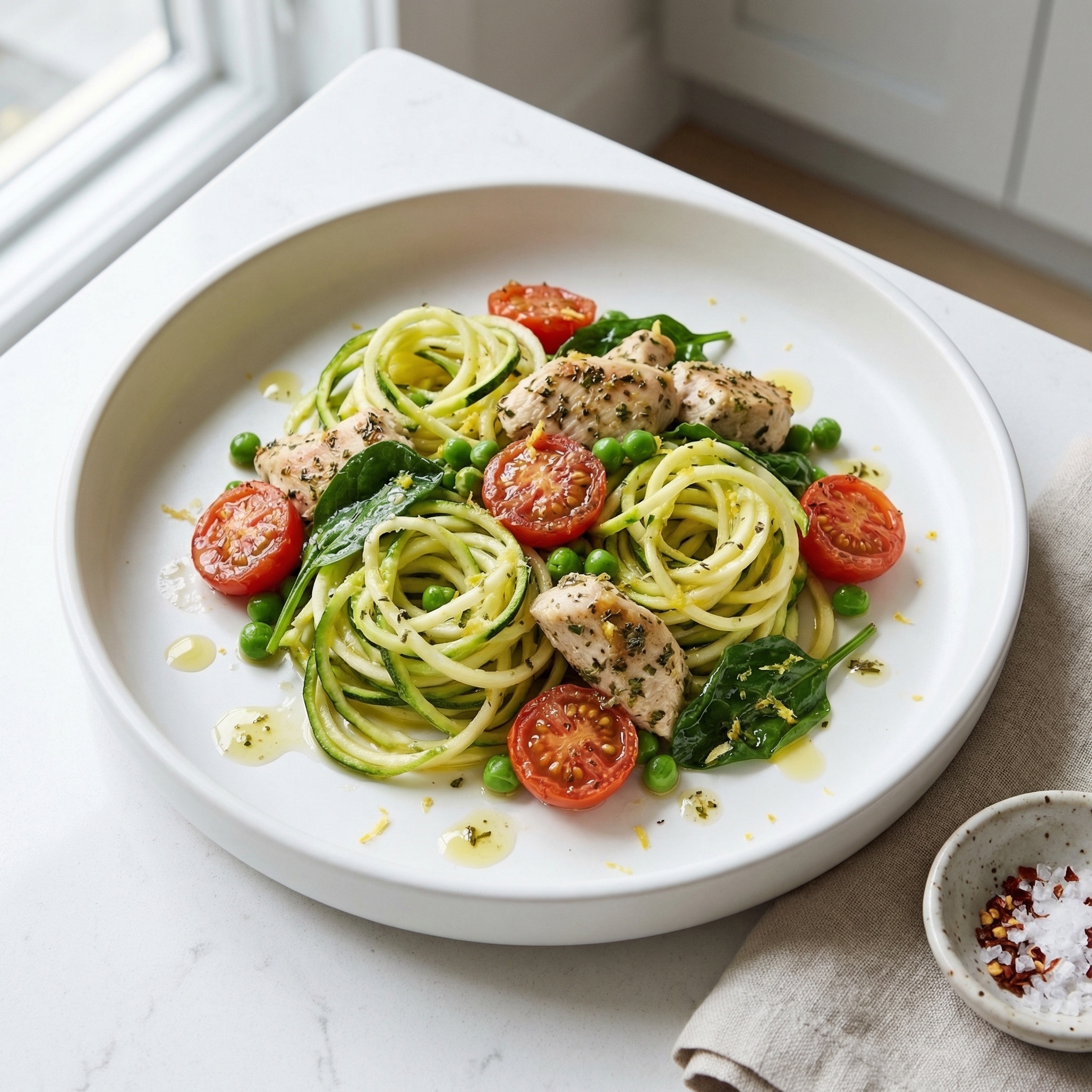 Chicken, Tomatoes, and Zucchini Noodles in Bright Lemon-Garlic Sauce