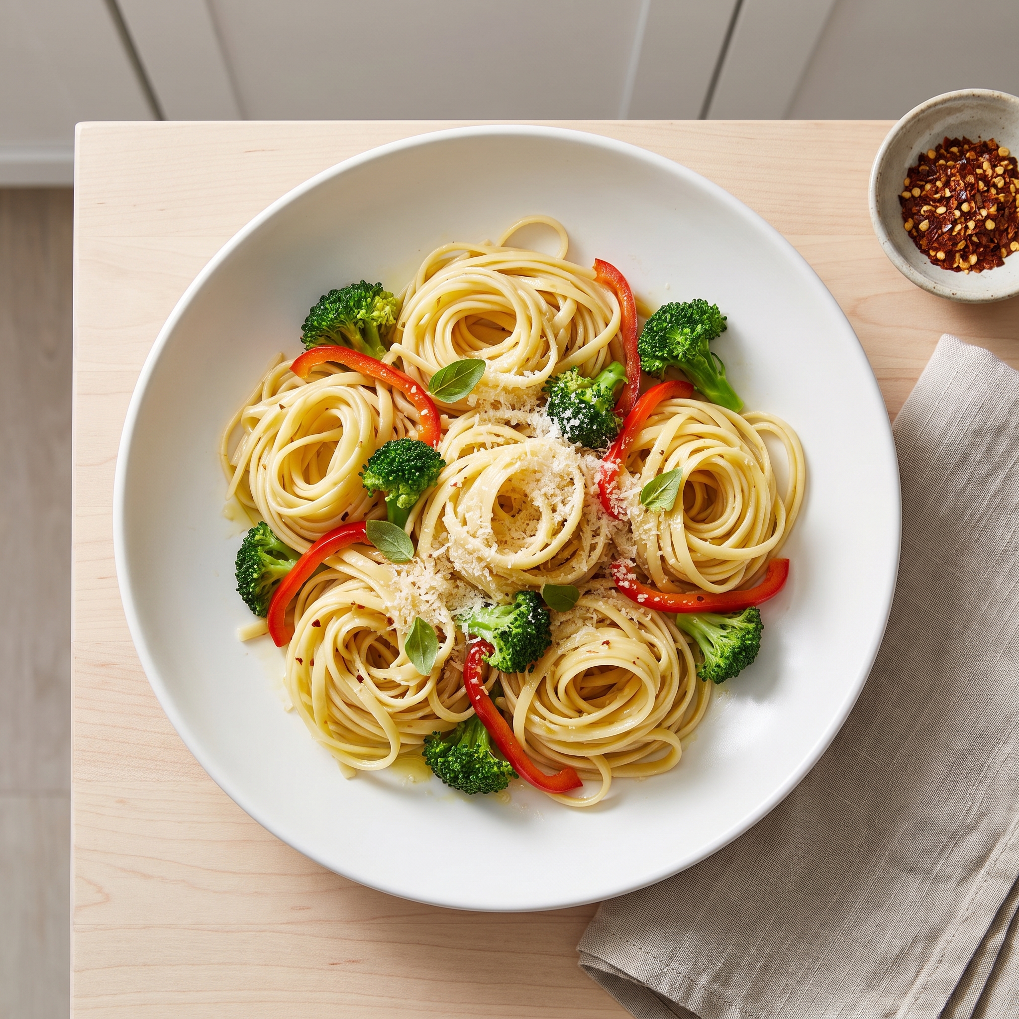 Linguine Tossed with Broccoli and Red Bell Peppers