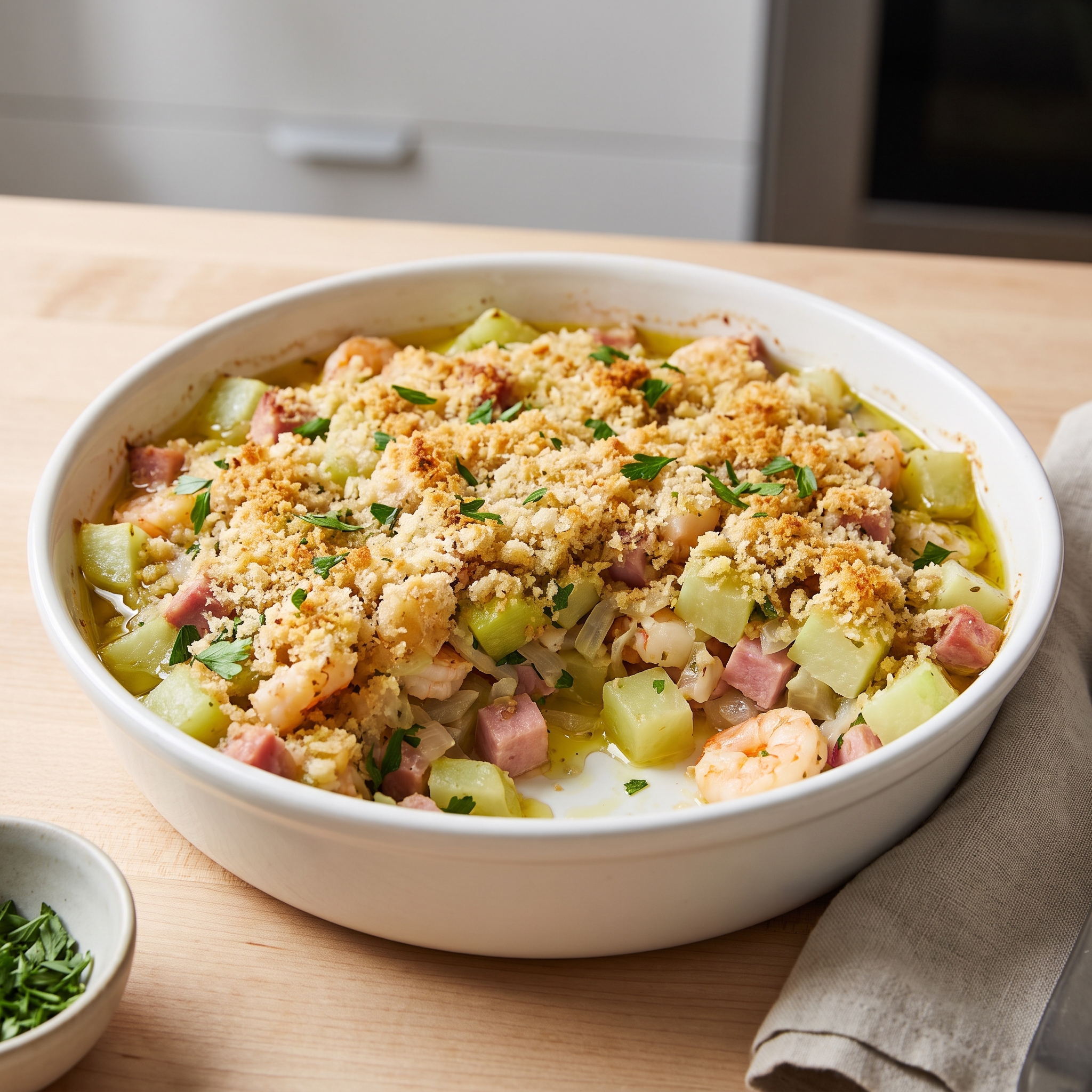 Louisiana Mirliton (Chayote) Casserole with Shrimp and Ham