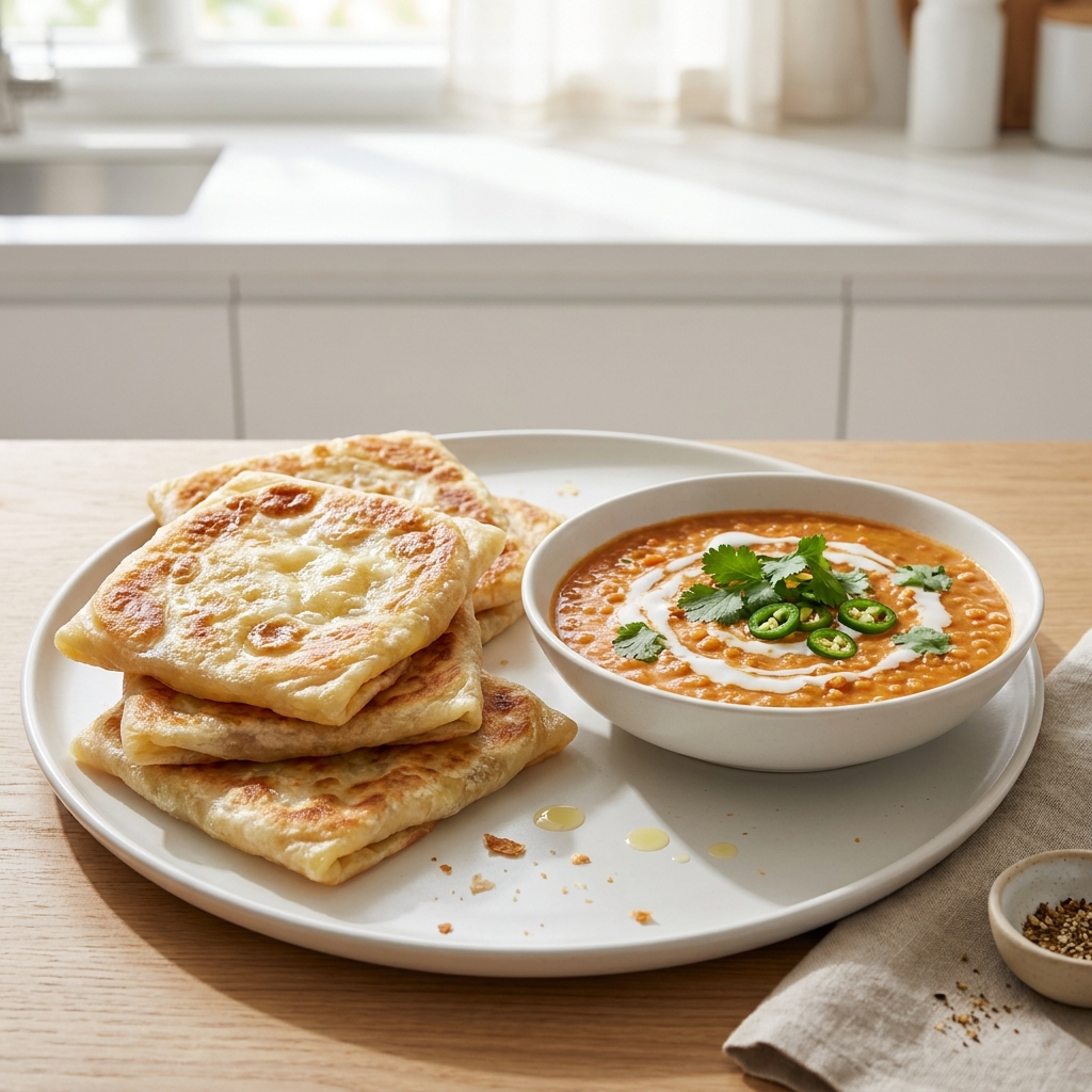 Malaysian Flatbread (Roti Canai) with Curried Lentil Dip