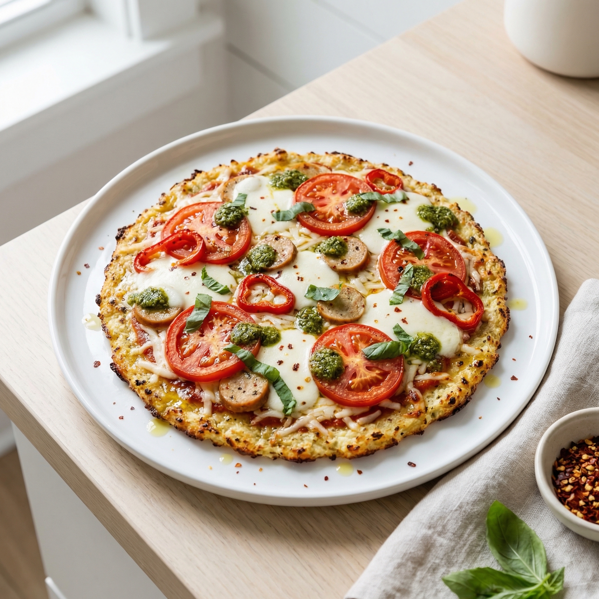 Sausage and Pesto Margherita on Cauliflower Crust
