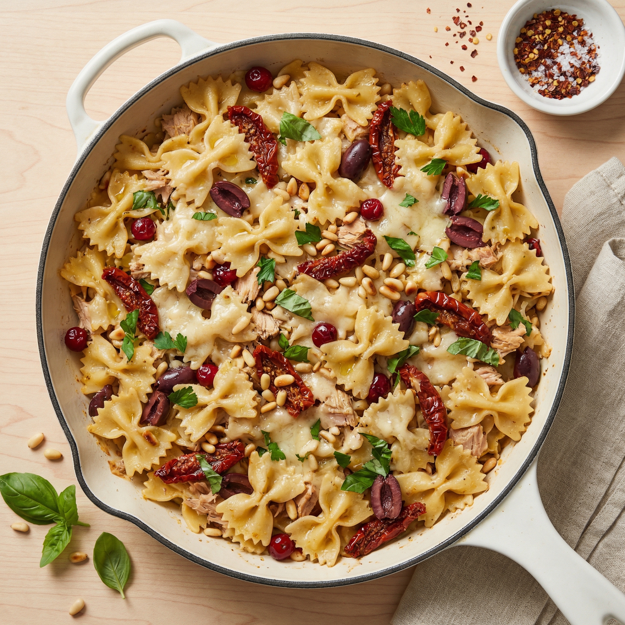 Skillet Tuna Pasta Bake with Mediterranean Flavors