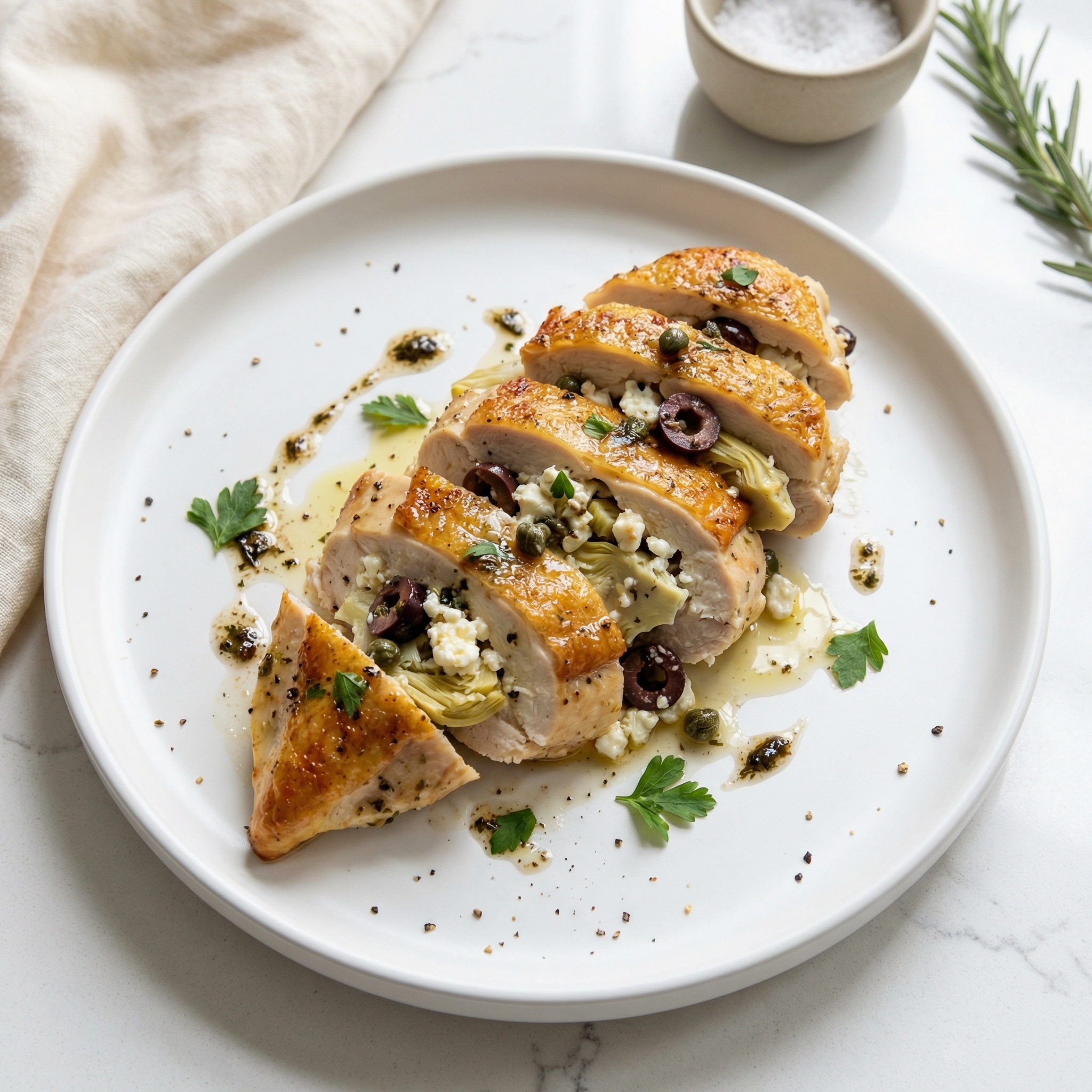 Stuffed Chicken Breasts with Artichoke Hearts, Feta Cheese, Capers, and Black Olives