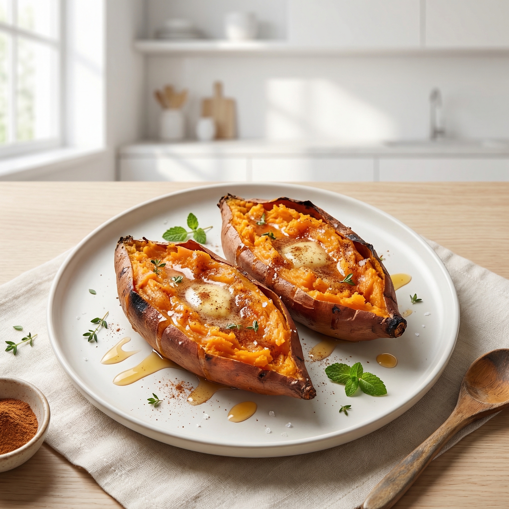 Microwave “Baked” Sweet Potatoes with Honey-Cinnamon Butter