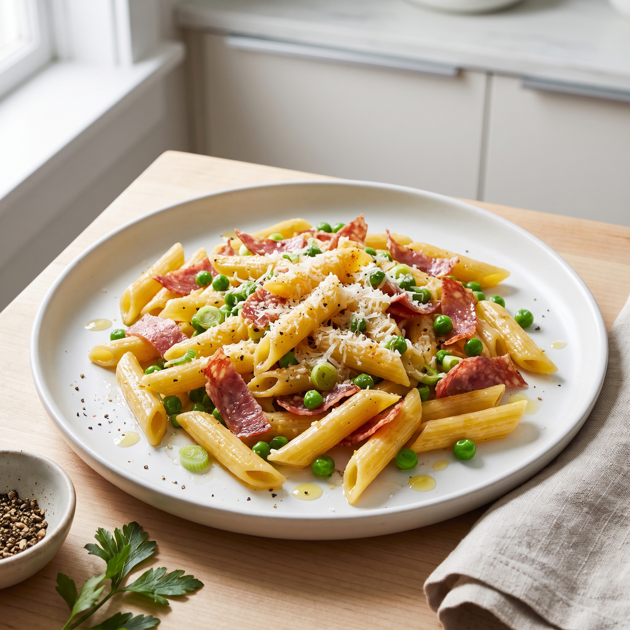 Mostaccioli with Salami and Sweet Peas