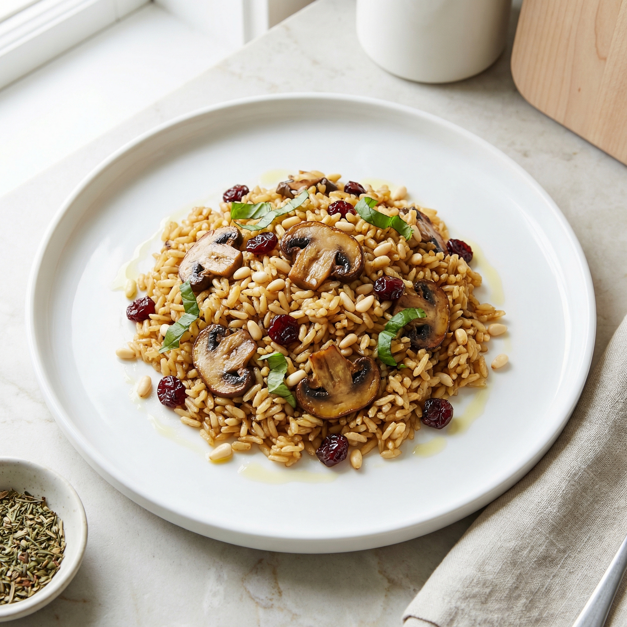 Mushroom Rice Pilaf with Pine Nuts and Cherries