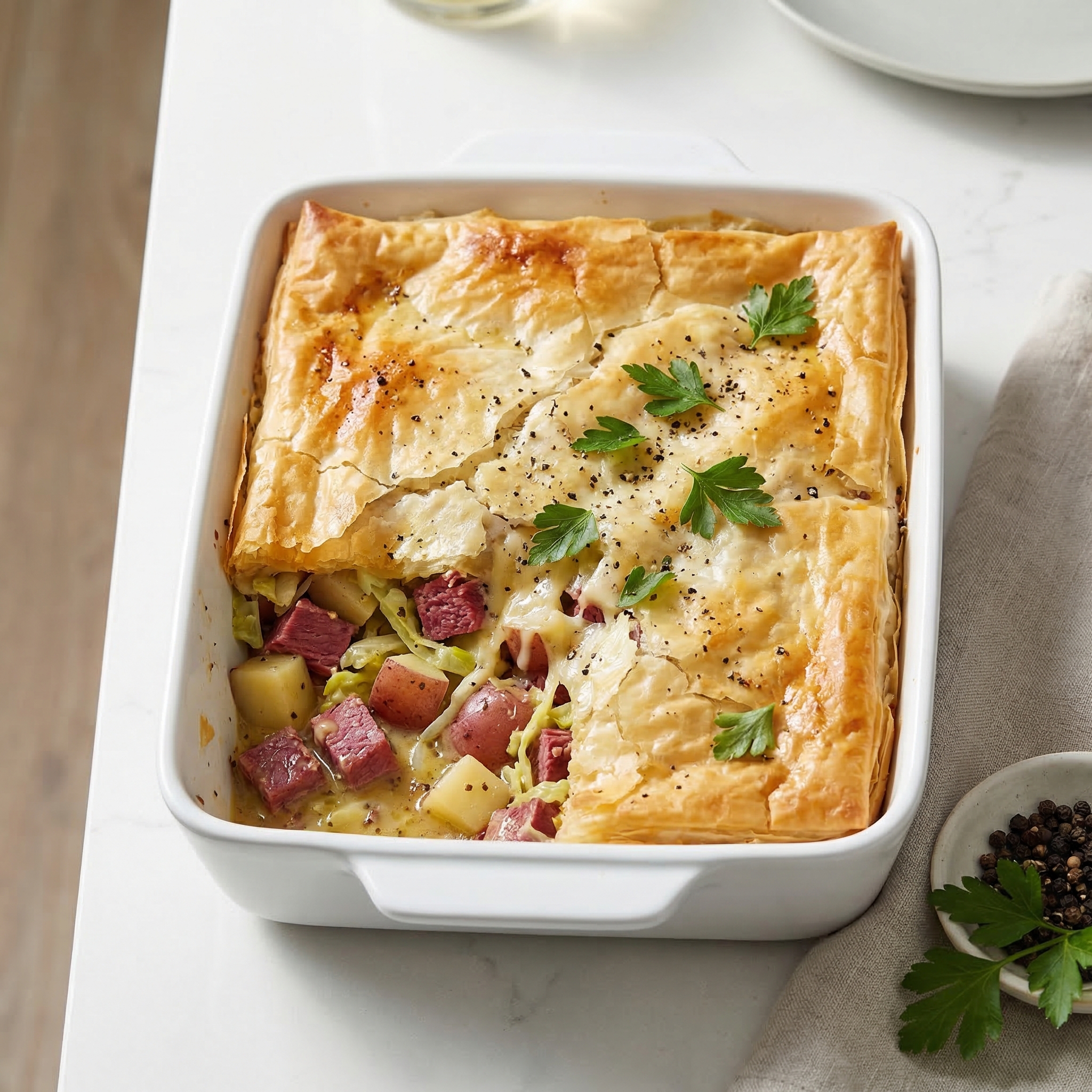 Irish Corned Beef and Cabbage Casserole with Phyllo Crust