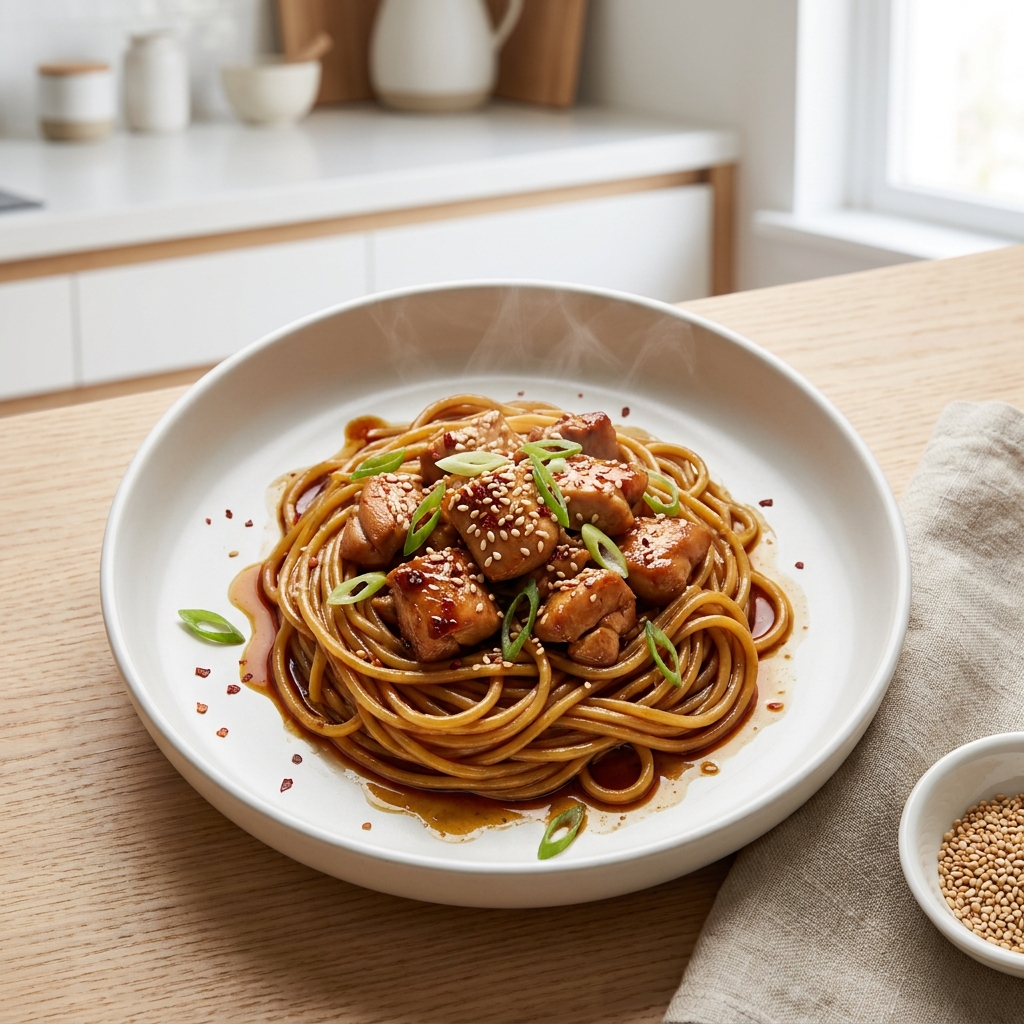 One Pan Spicy Soy Noodles with Chicken
