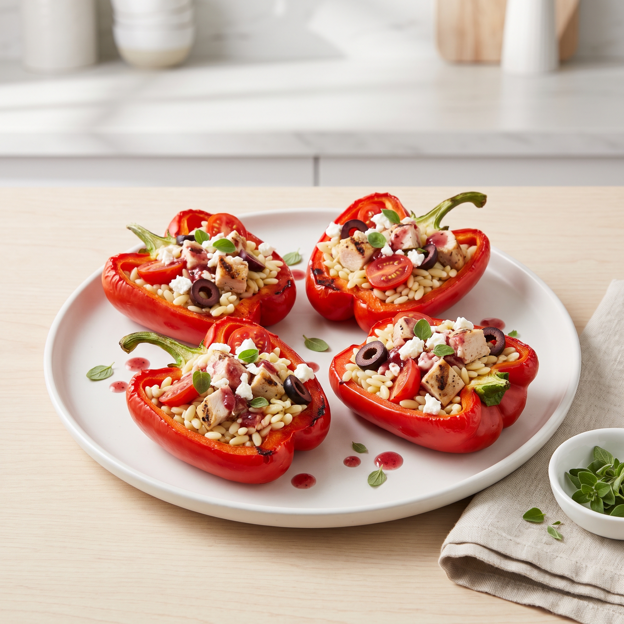 Orzo and Chicken Mediterranean Salad in Red Pepper Cups