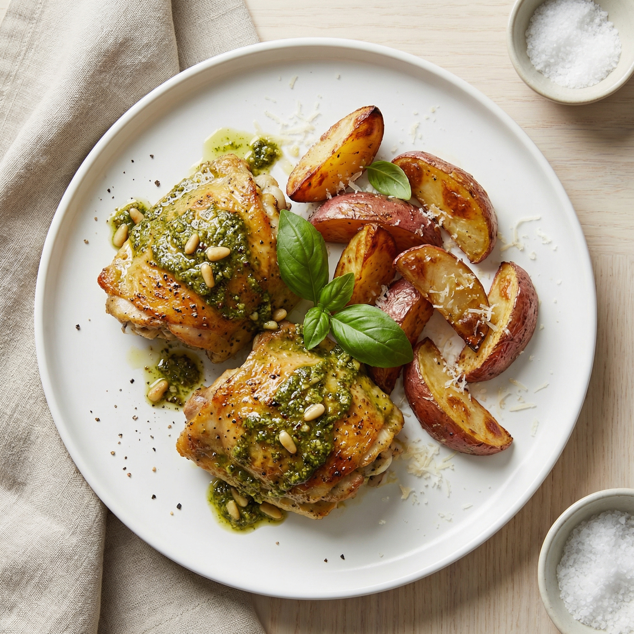 Baked Pesto Chicken Thighs and Potatoes