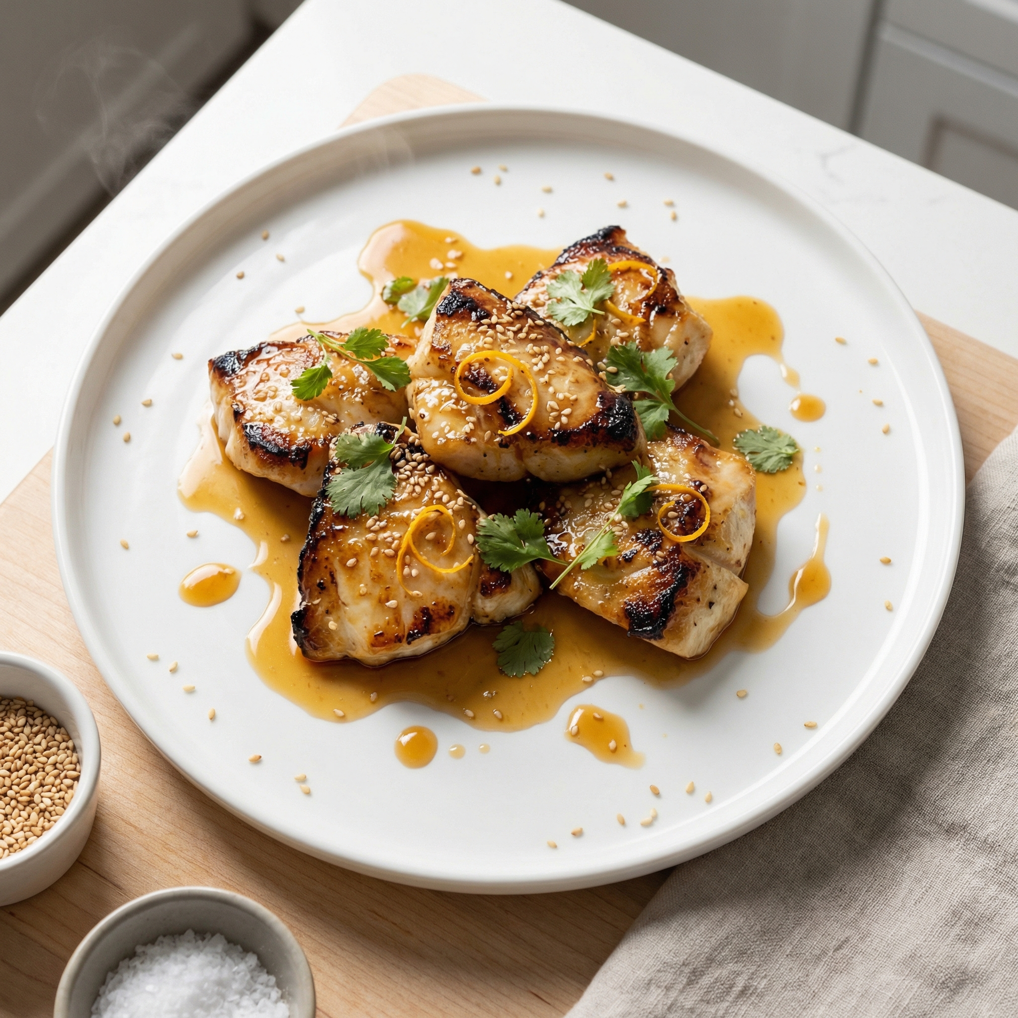 Ginger-Orange Halibut Cheeks with Soy-Sesame Glaze