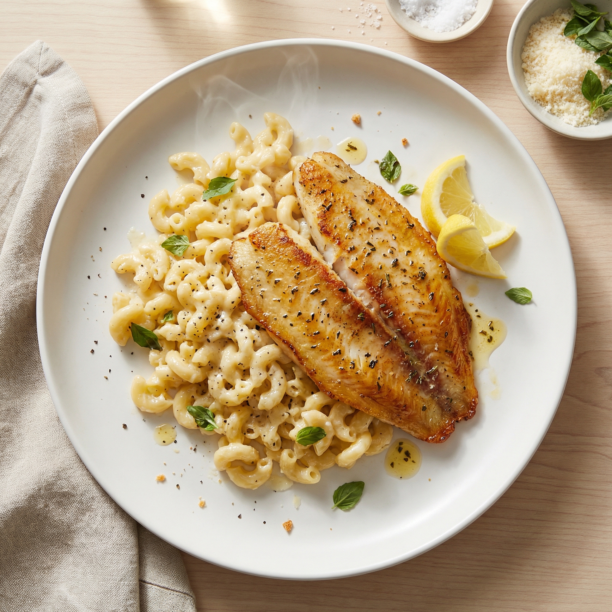 Skillet Lemon Tilapia with Parmesan Macaroni
