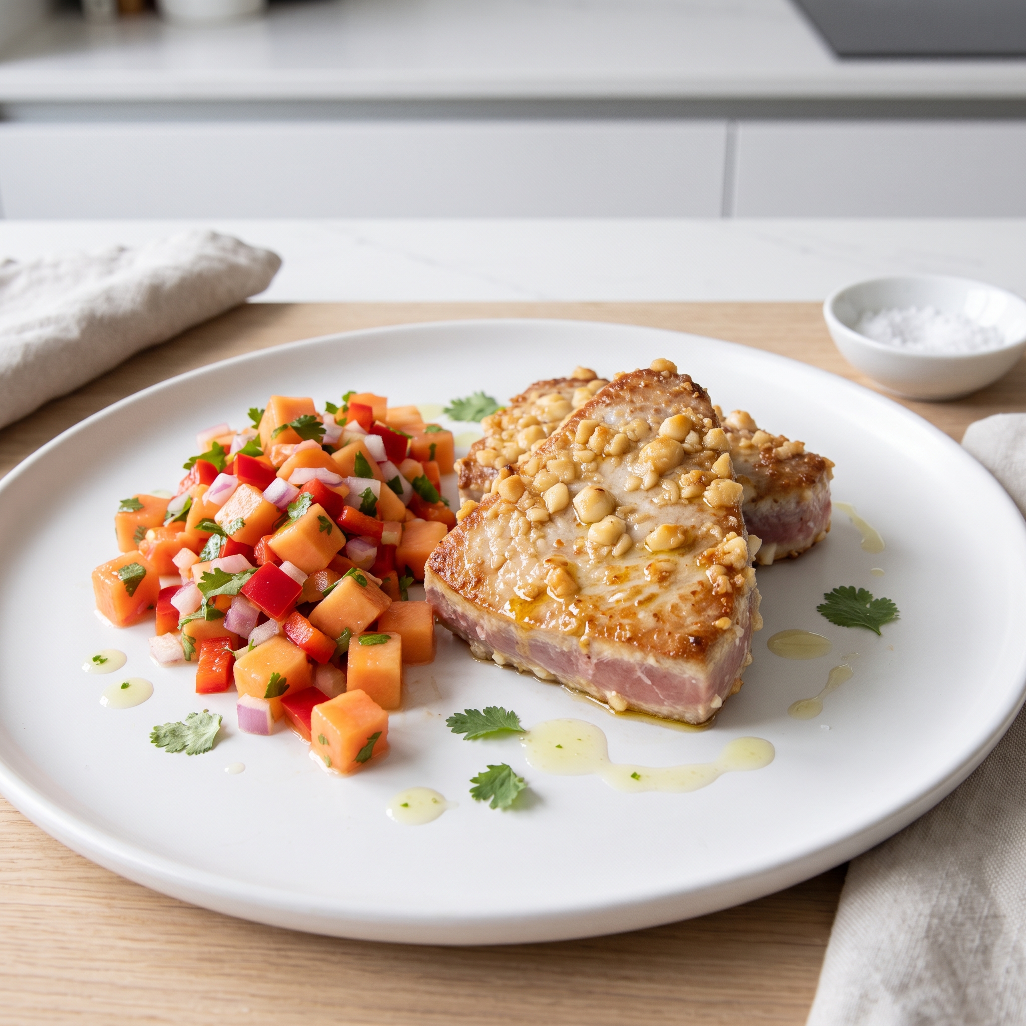 Papaya-Lime Salsa with Macadamia-Crusted Grilled Tuna