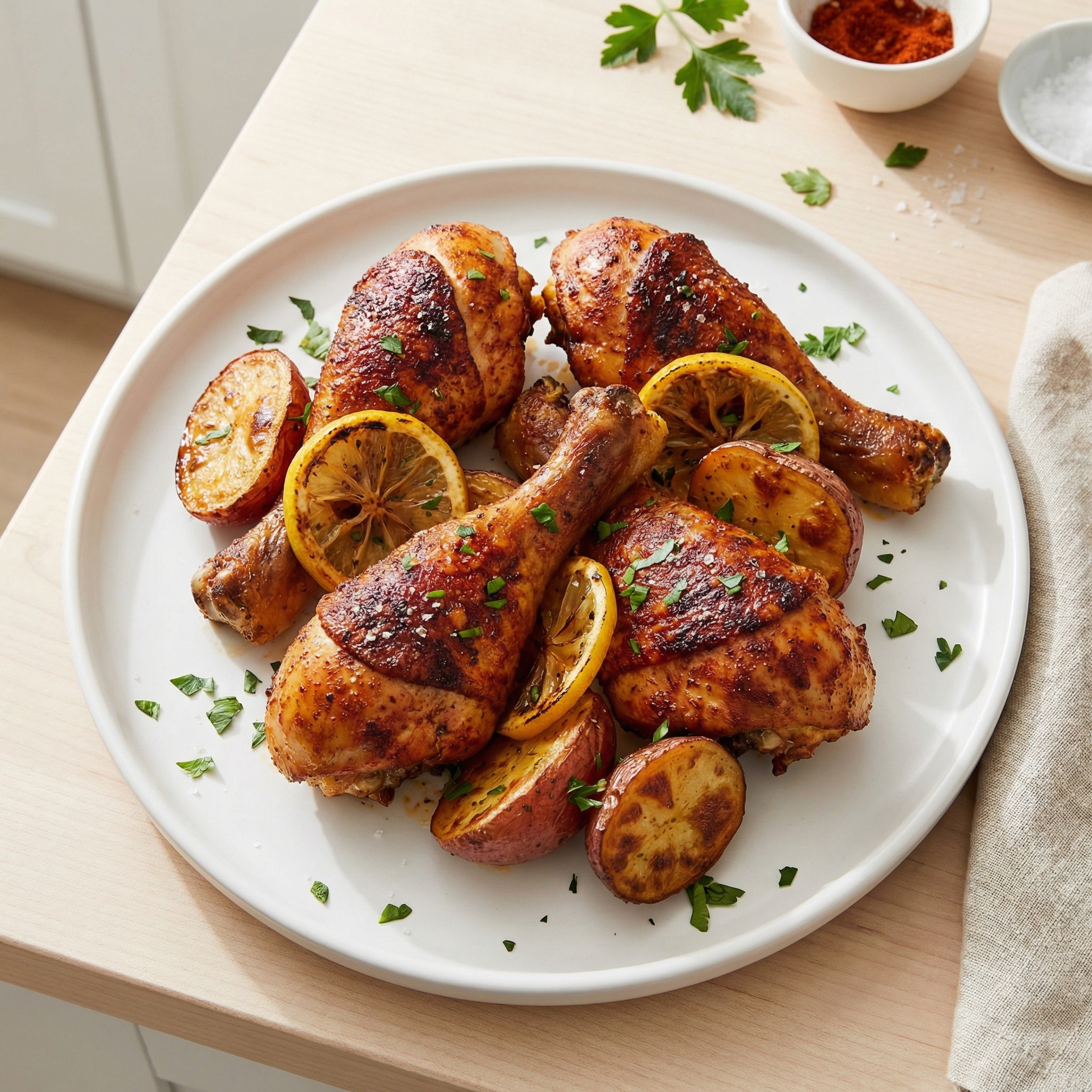 Skillet-Roasted Lemon-Spanish Chicken Drumsticks with Potatoes
