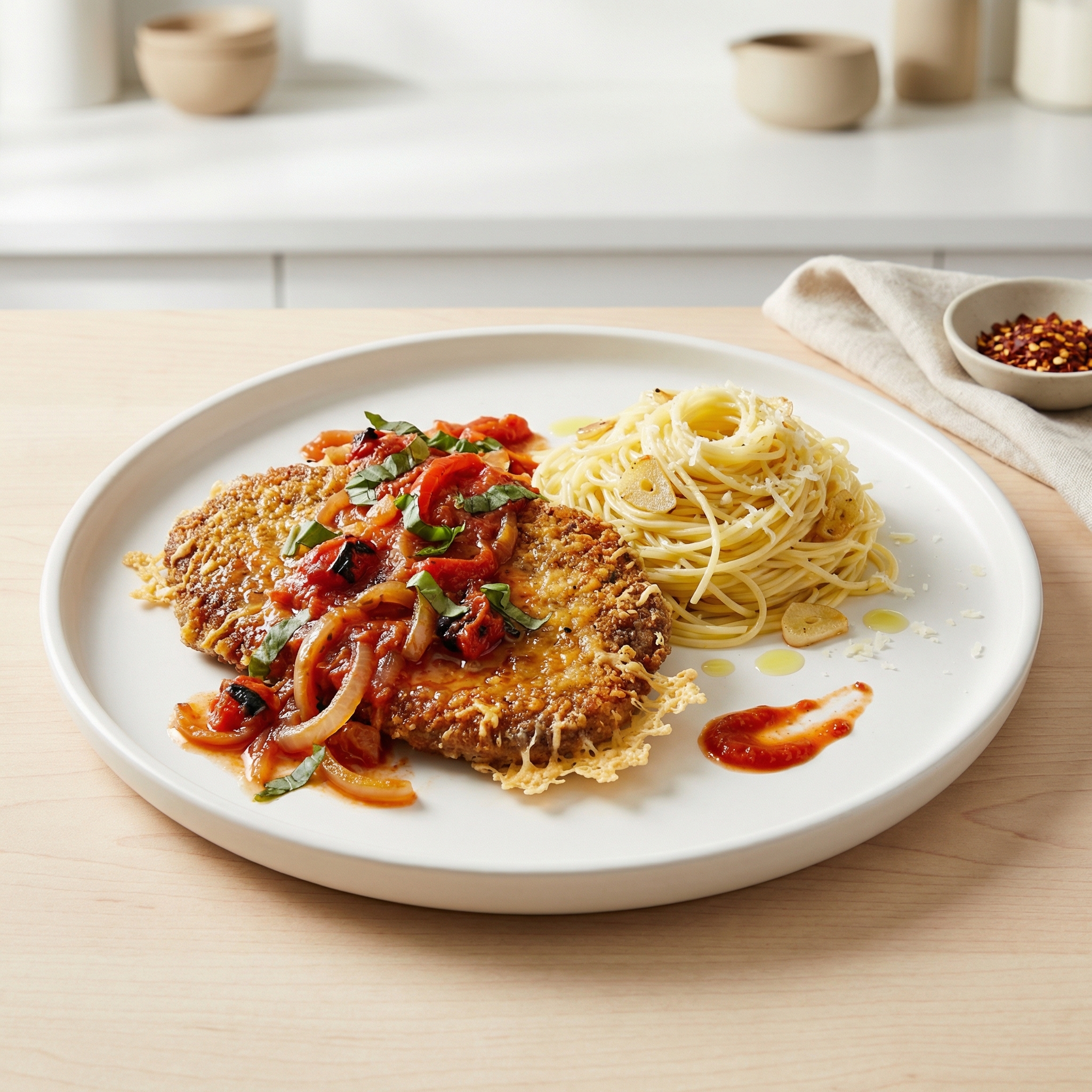 Beef Parmesan with Garlic Pasta