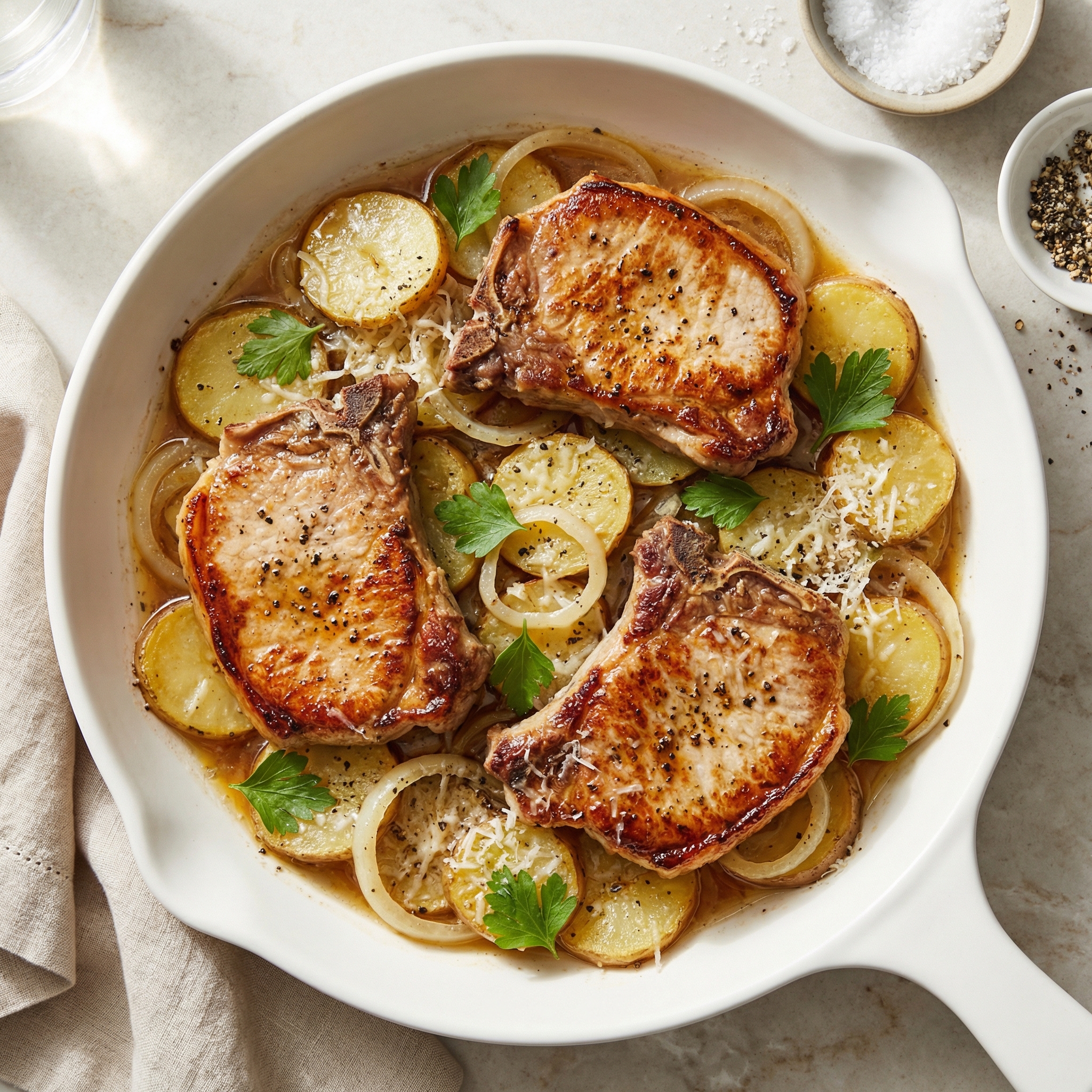 Pan-Seared Pork Chops with Potatoes and Onions
