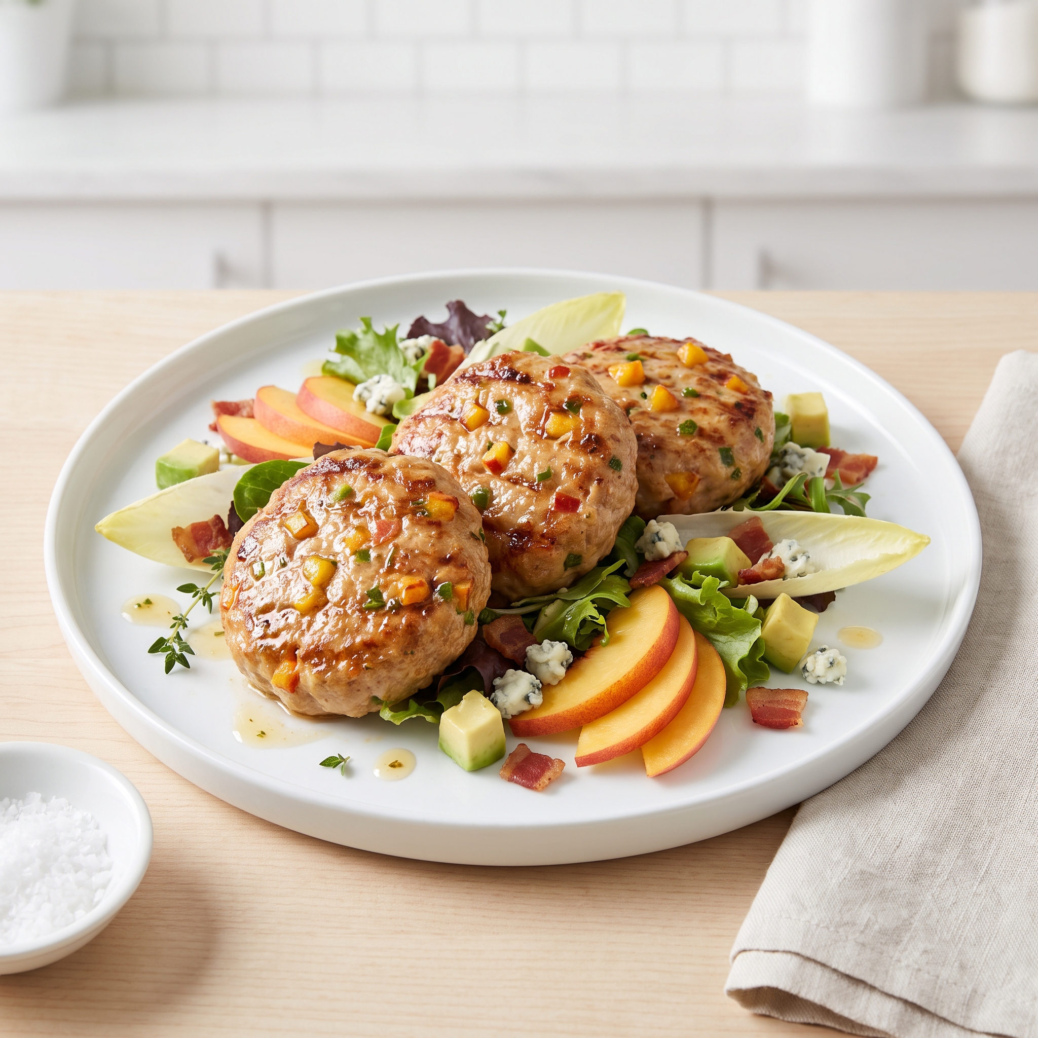 Peach-Turkey Burger Salad with Endive, Bacon, Avocado & Gorgonzola