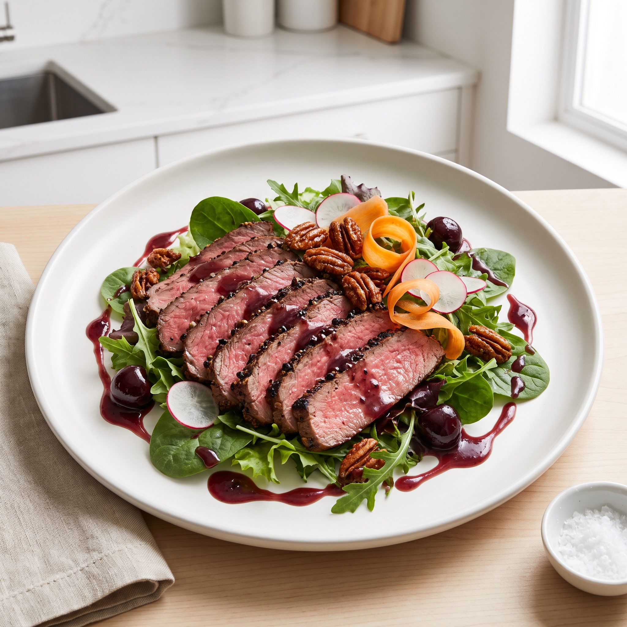 Peppercorn Sirloin Salad with Caramelized Pecans and Cabernet–Cherry Dressing