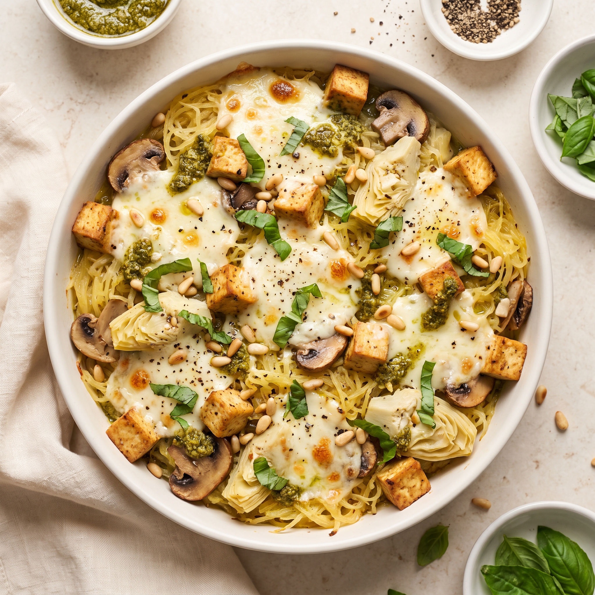 Pesto Tofu Spaghetti Squash Bake