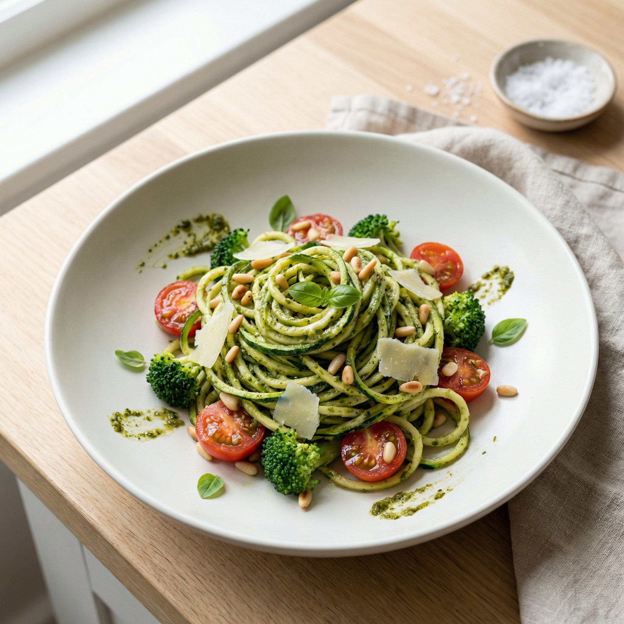 Pesto Zucchini Noodles with Tomatoes and Broccoli