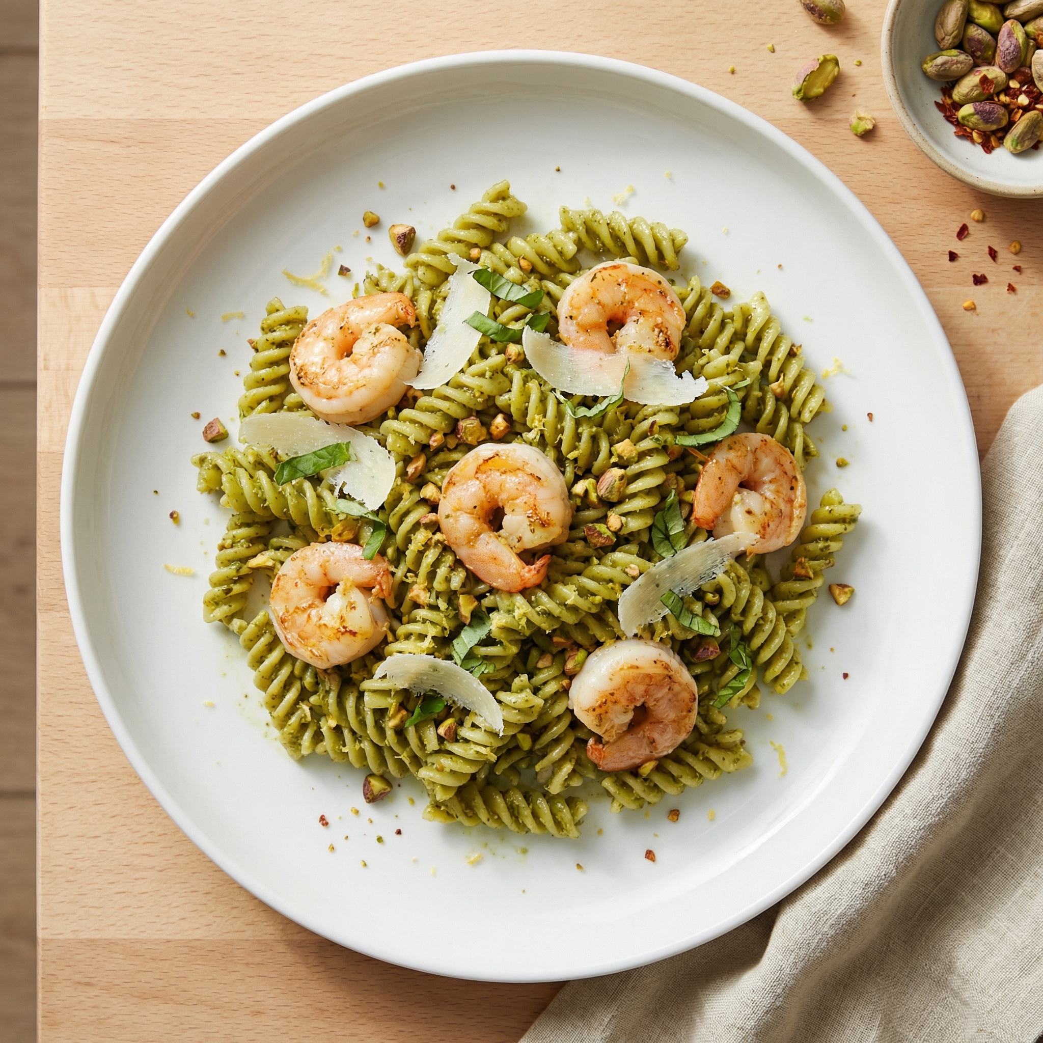 Shrimp Pasta with Basil–Pistachio Pesto