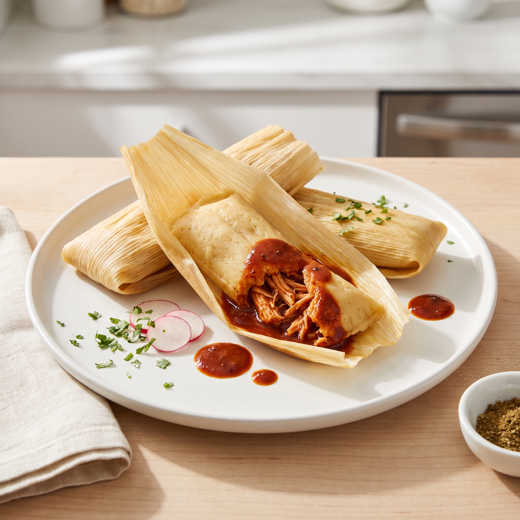 Pollo en Tamales Rojos (Red Chile Chicken Tamales)