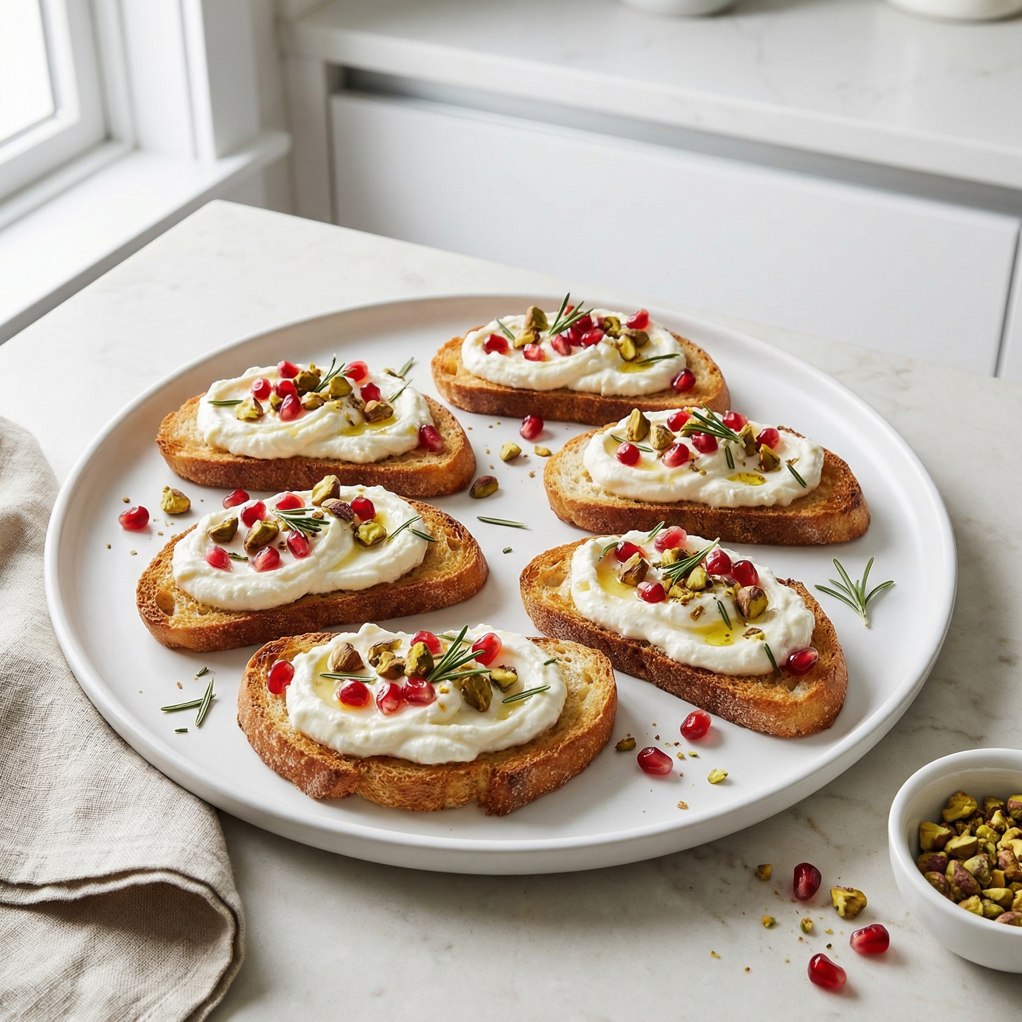 Pistachio and Pomegranate Crostini Bites