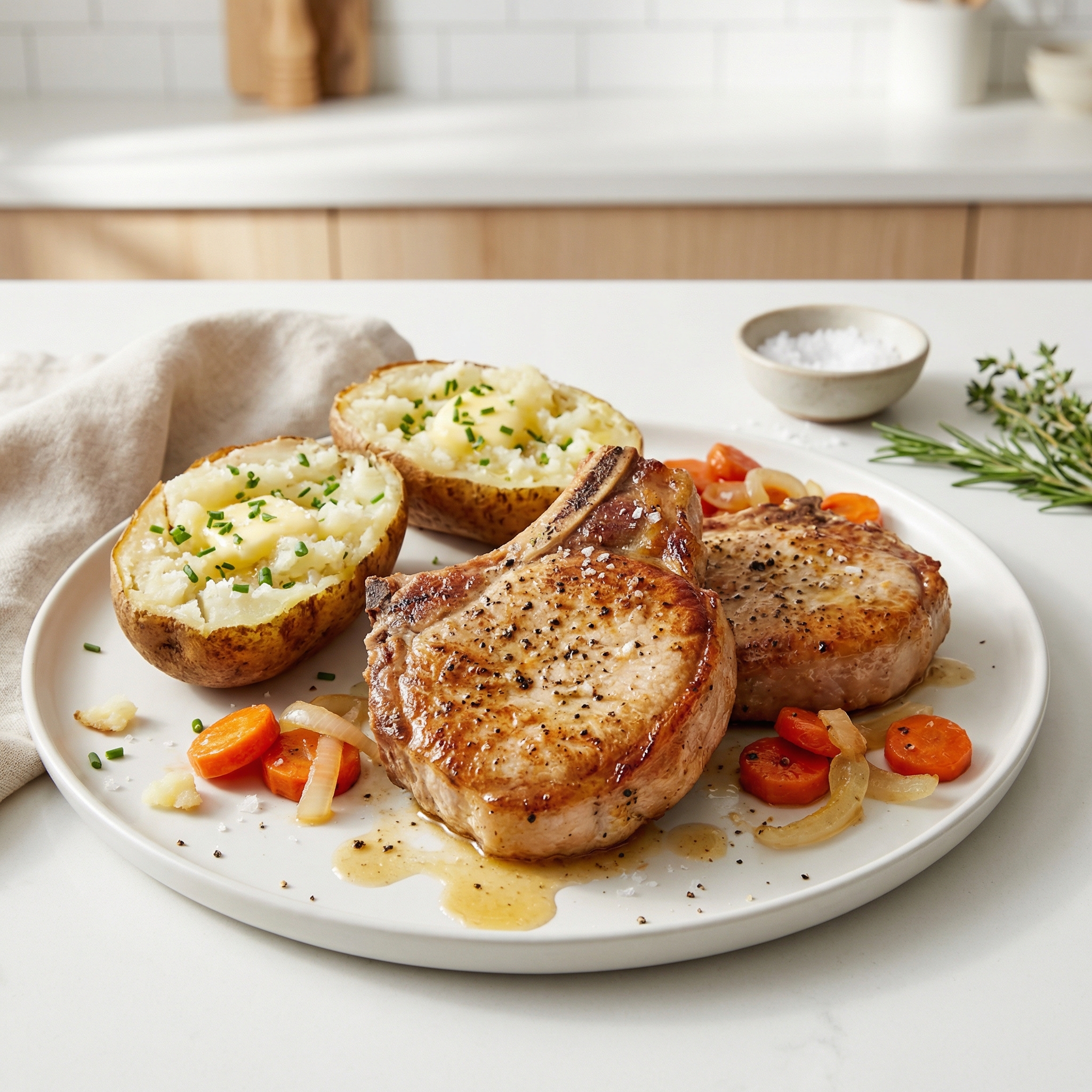 Pressure Cooker Bone-In Pork Chops, Baked Potatoes, and Carrots