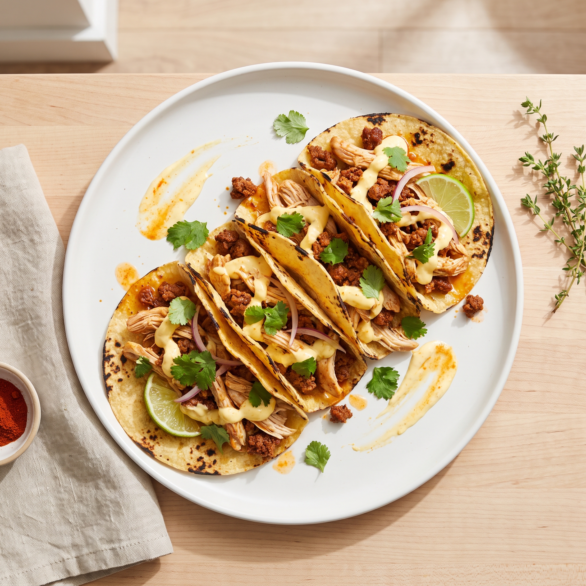 Pressure Cooker Chicken Tacos with Chorizo and Saffron Yogurt