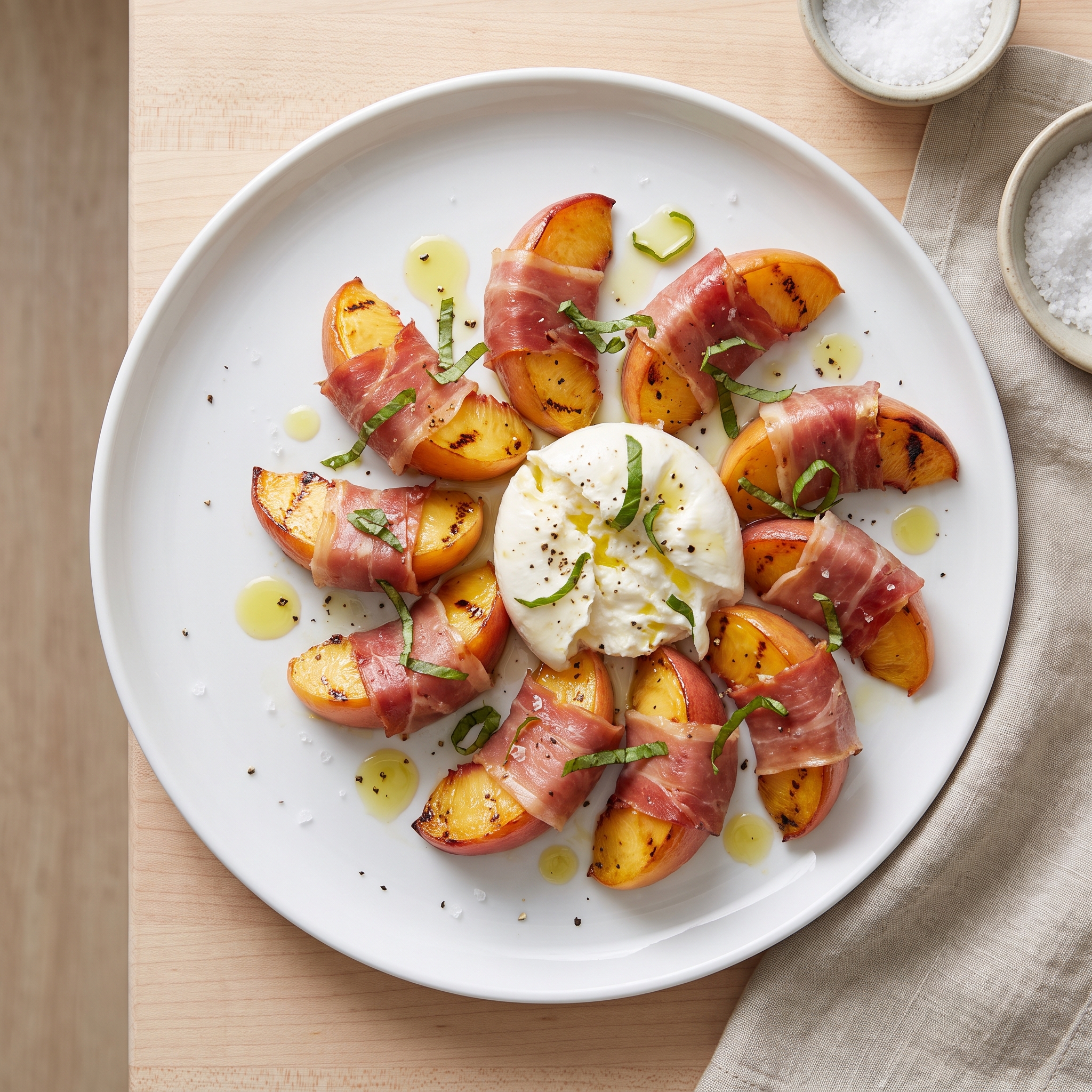 Prosciutto-Wrapped Grilled Peaches with Burrata and Basil