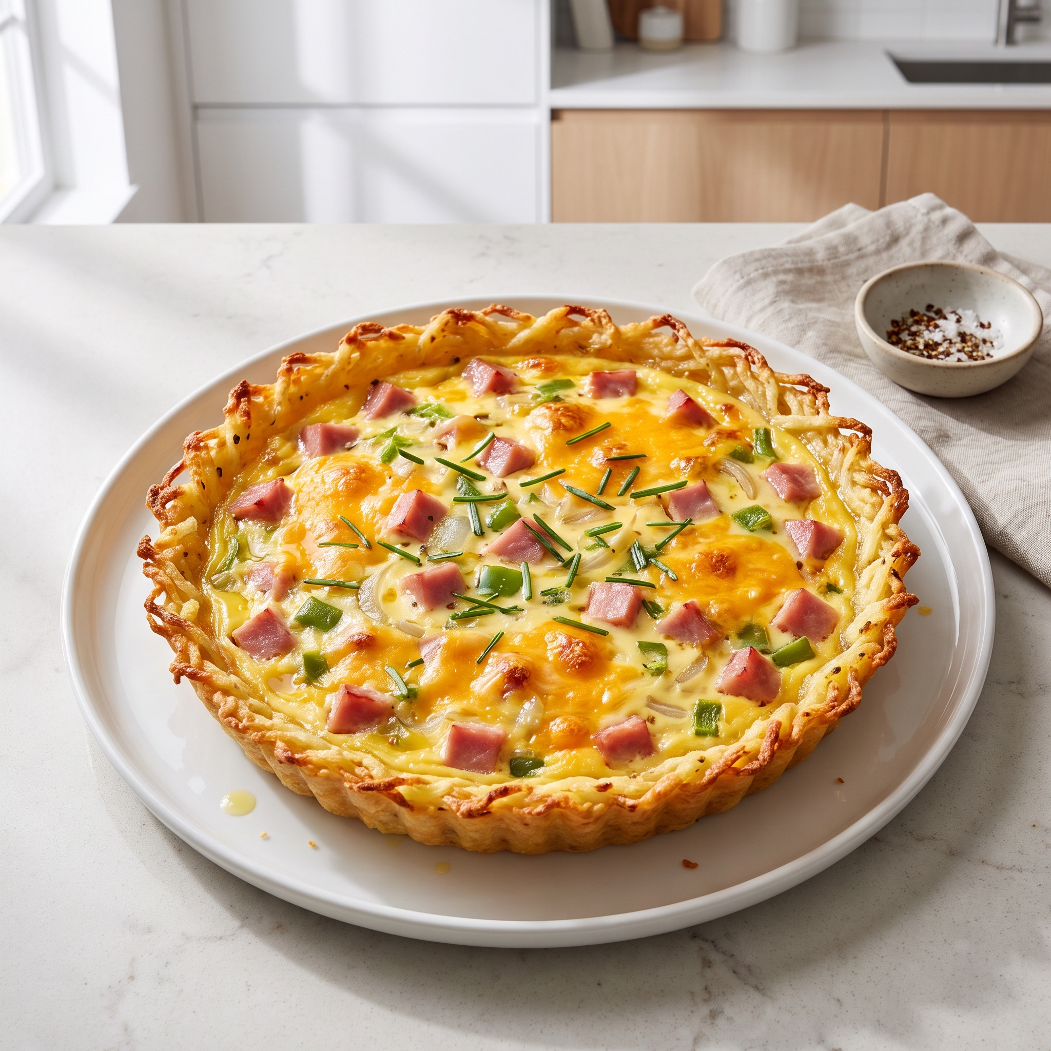 Quiche with Ham and Hash Brown Crust