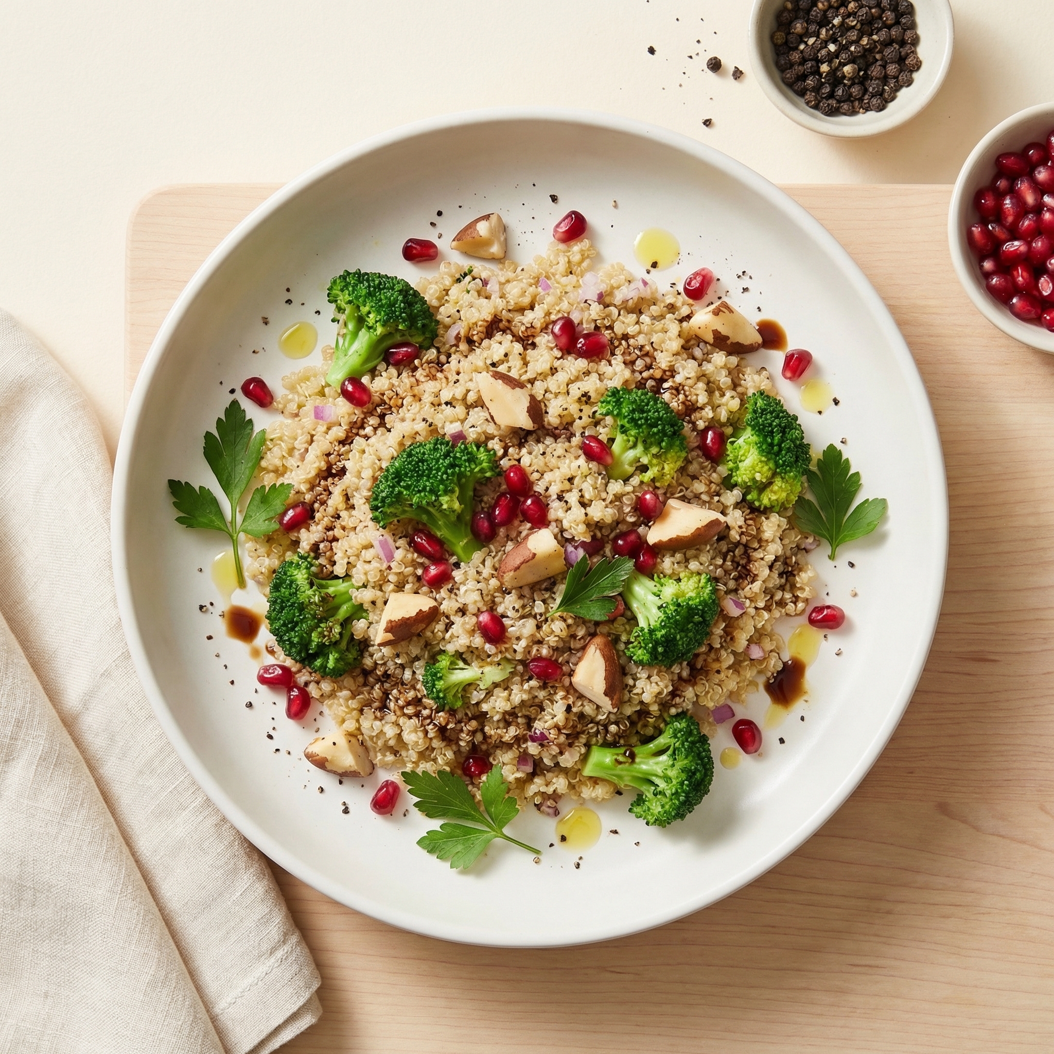 Quinoa Broccoli Salad with Brazil Nuts and Pomegranate