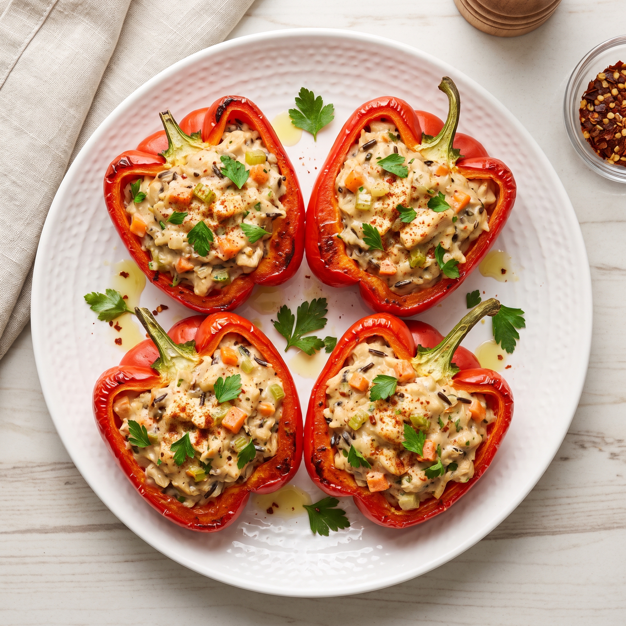 Red Peppers Stuffed with Chicken and Wild Rice