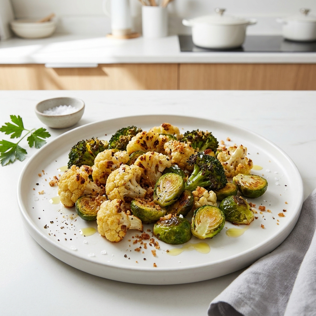 Roasted Cauliflower, Brussels Sprouts, and Broccoli Medley