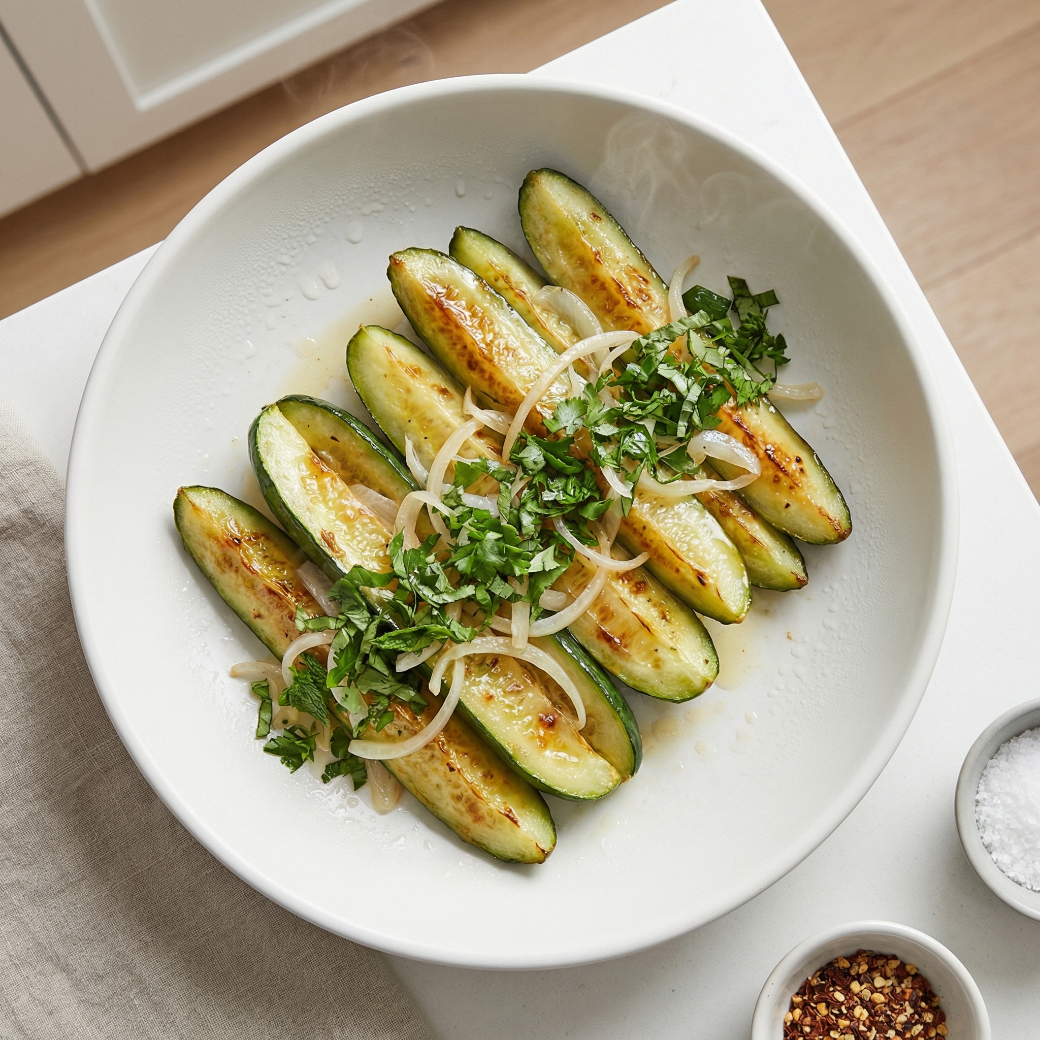 Roasted Cucumbers with Onions and Herbs