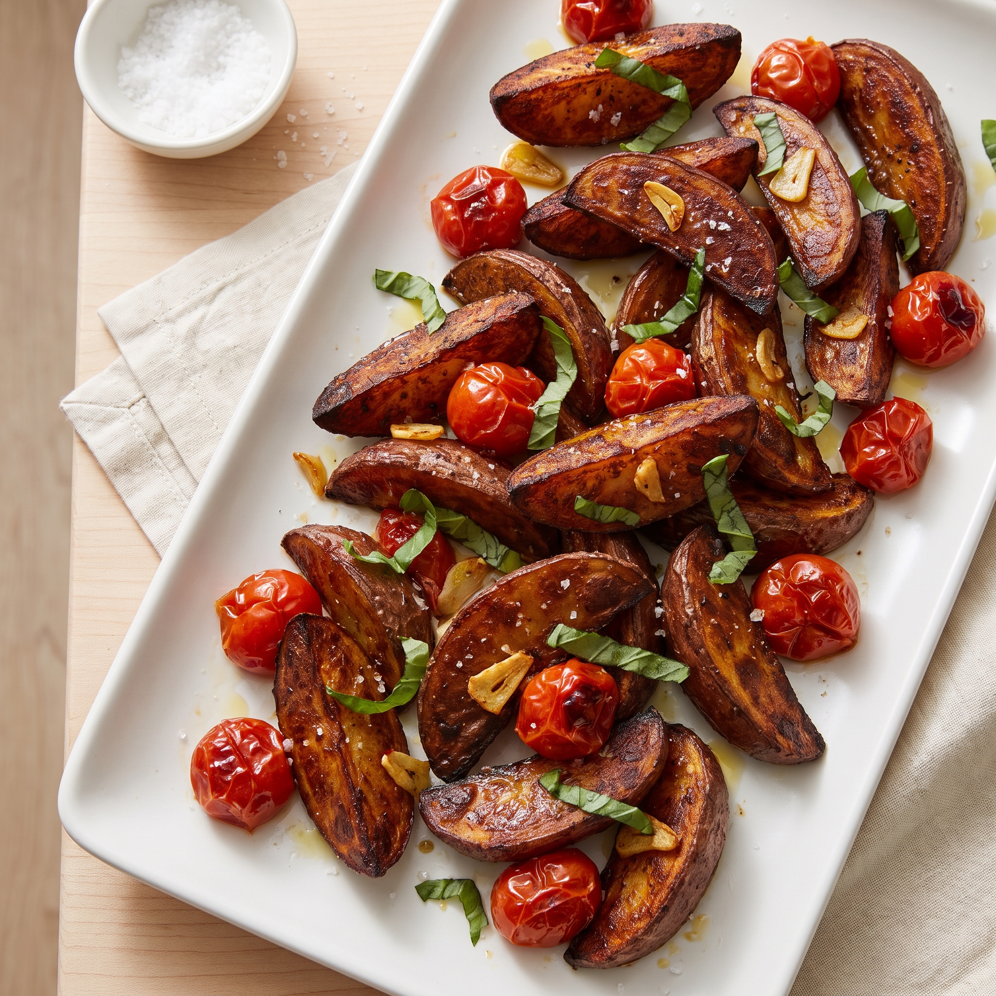 Roasted Potatoes with Tomatoes, Basil, and Garlic