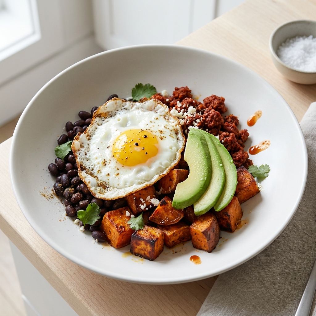 Roasted Sweet Potato, Black Bean, and Chorizo Breakfast Bowls